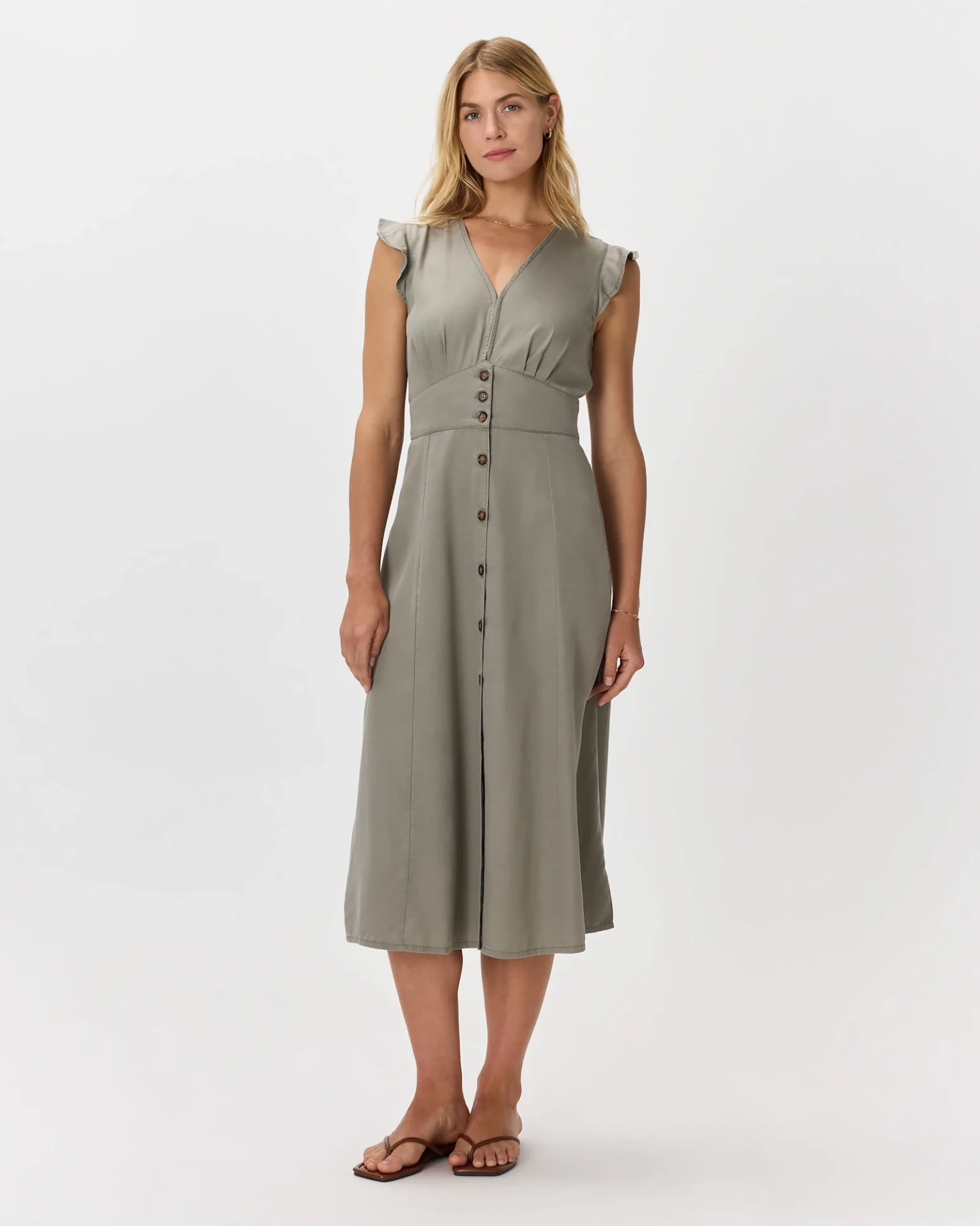 Vintage Wash Tencel Button Front Midi Dress (Olive)
