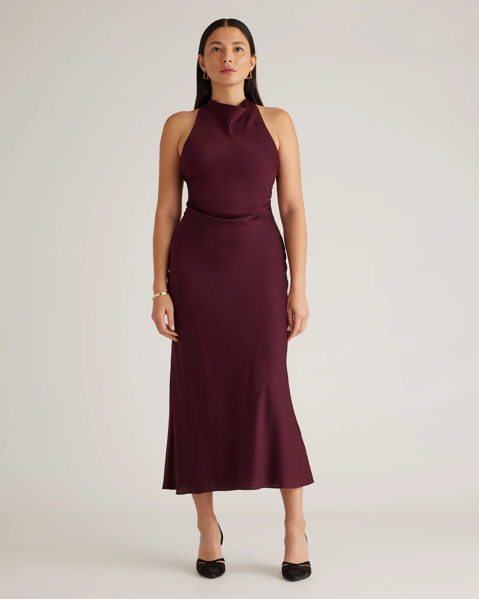 Washable Stretch Silk High Neck Midi Dress (Wine Tasting Red)