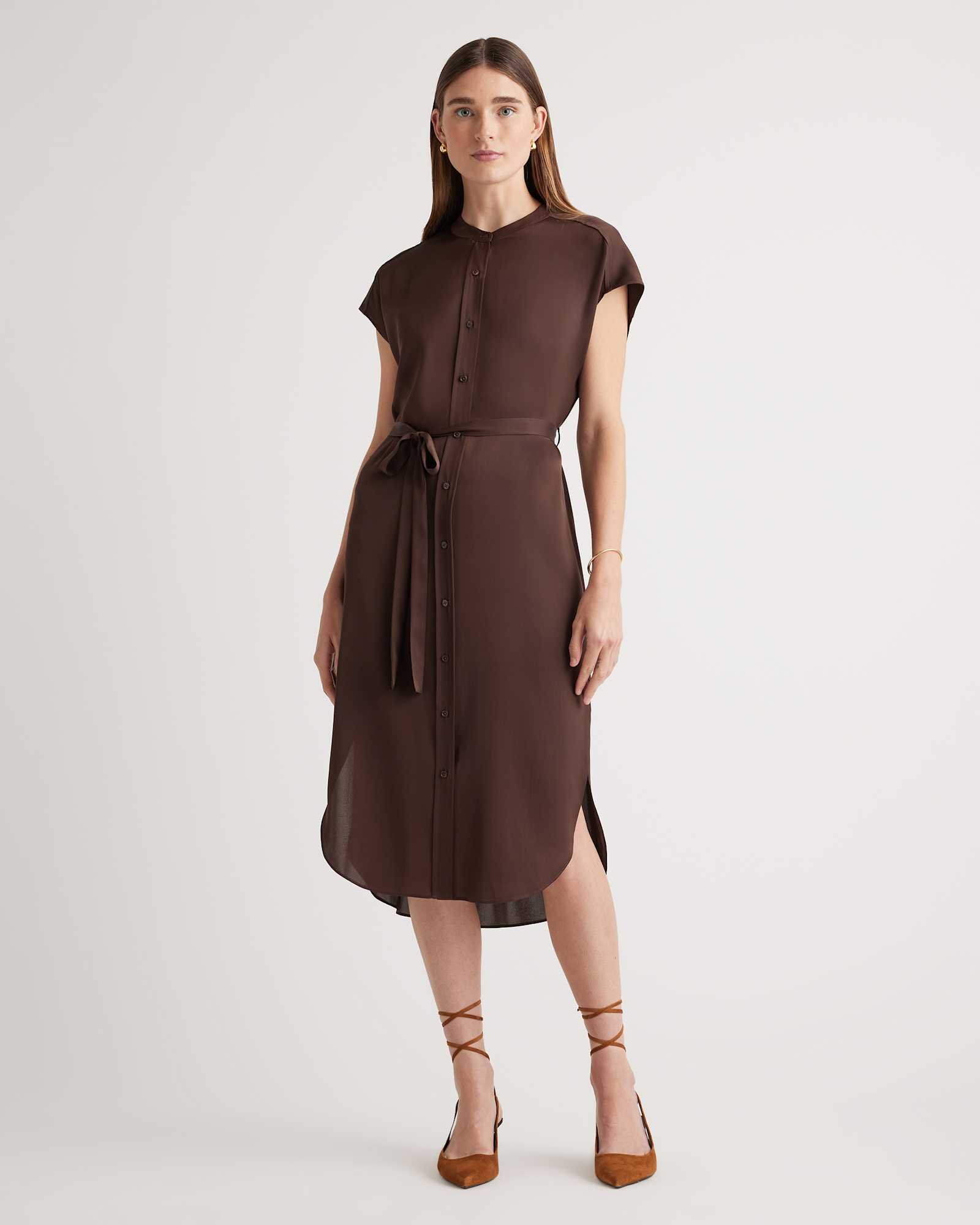 Washable Stretch Silk Midi Shirt Dress (Black)