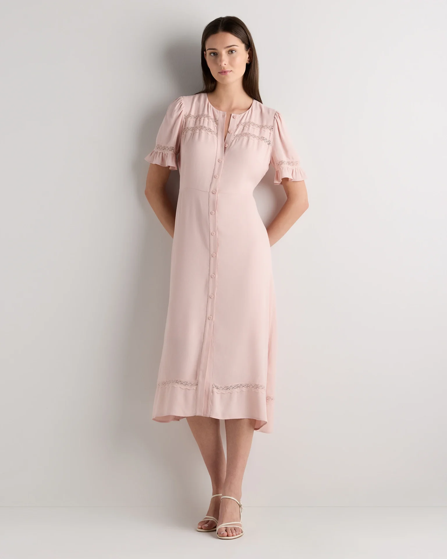 Lightweight Crepe Lace Inset Midi Dress (Shell Pink)