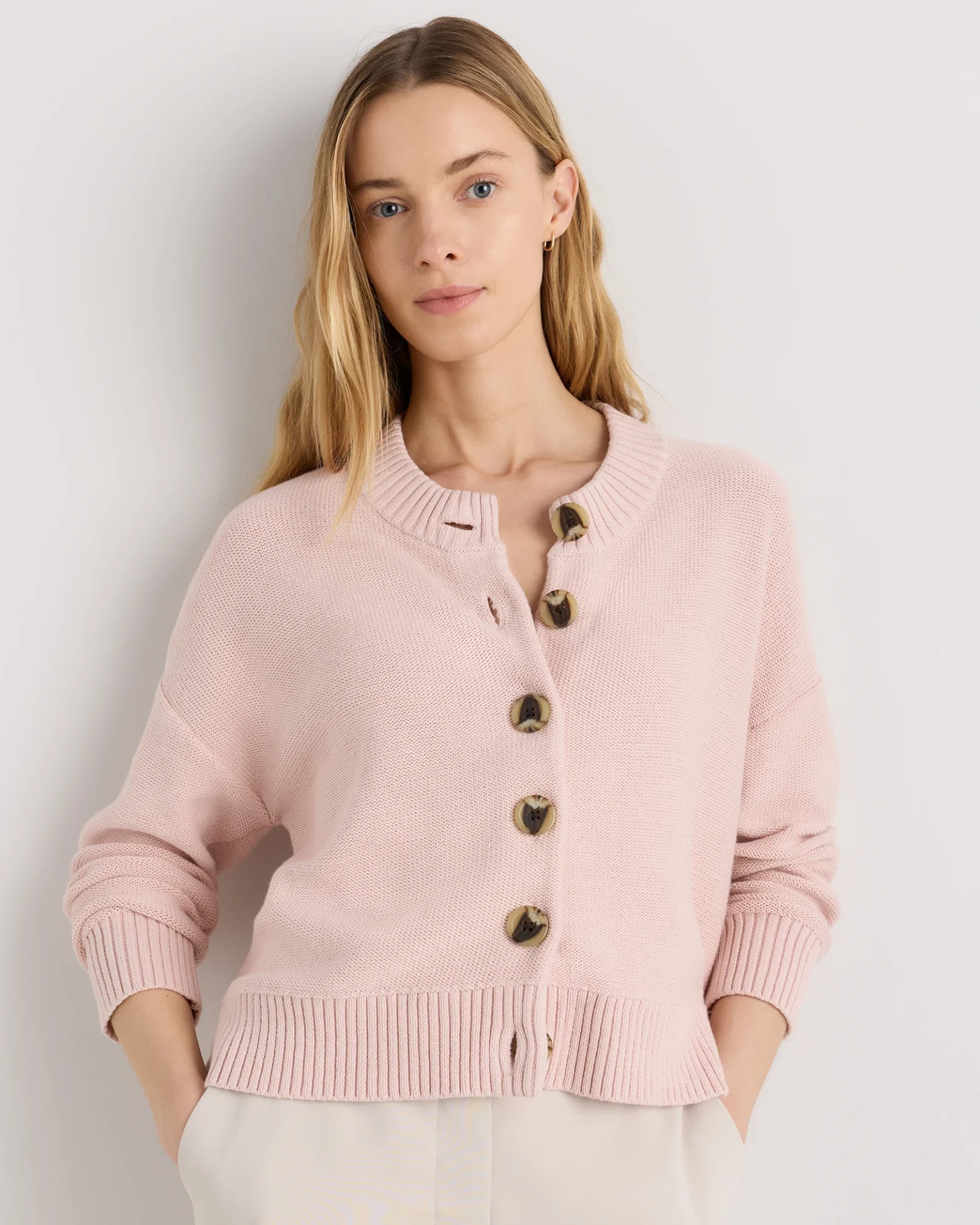 100% Organic Cotton Cropped Cardigan (Shell Pink)