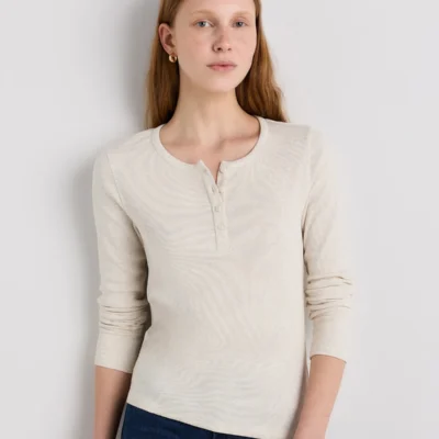 Organic Cotton Micro-Rib Henley Long Sleeve Tee (Heather Oatmeal)