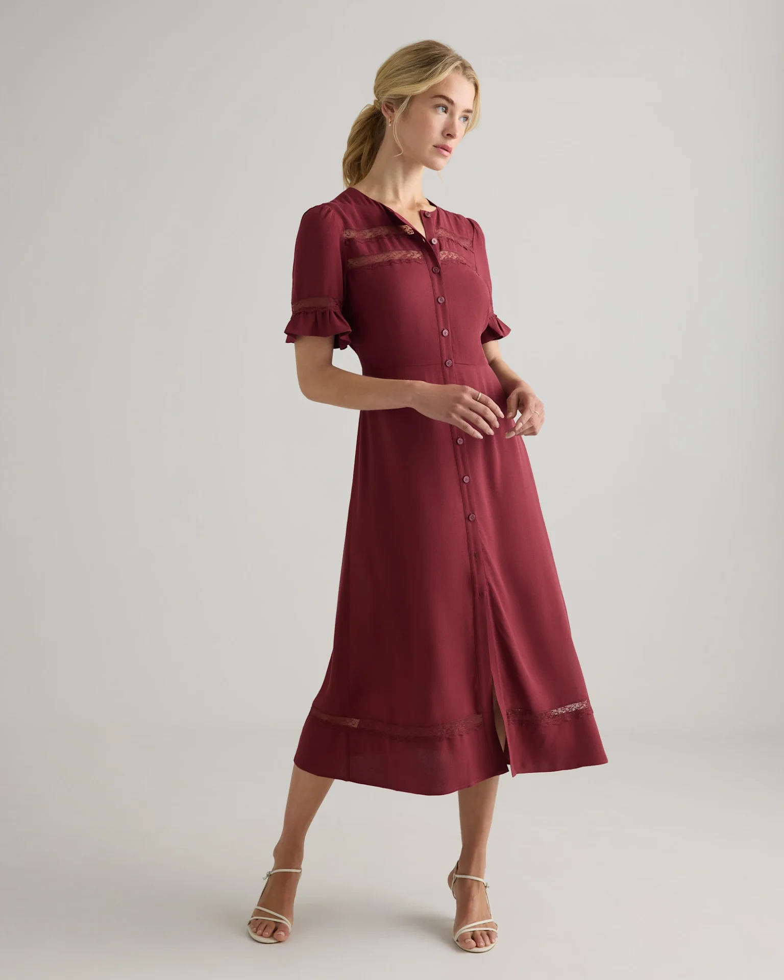 Lightweight Crepe Lace Inset Midi Dress (Maroon)