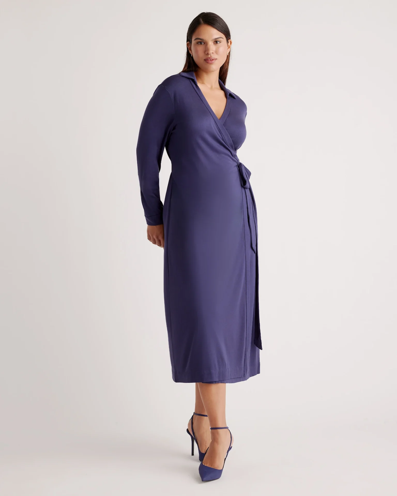 100% Silk Jersey Midi Wrap Dress (Navy)