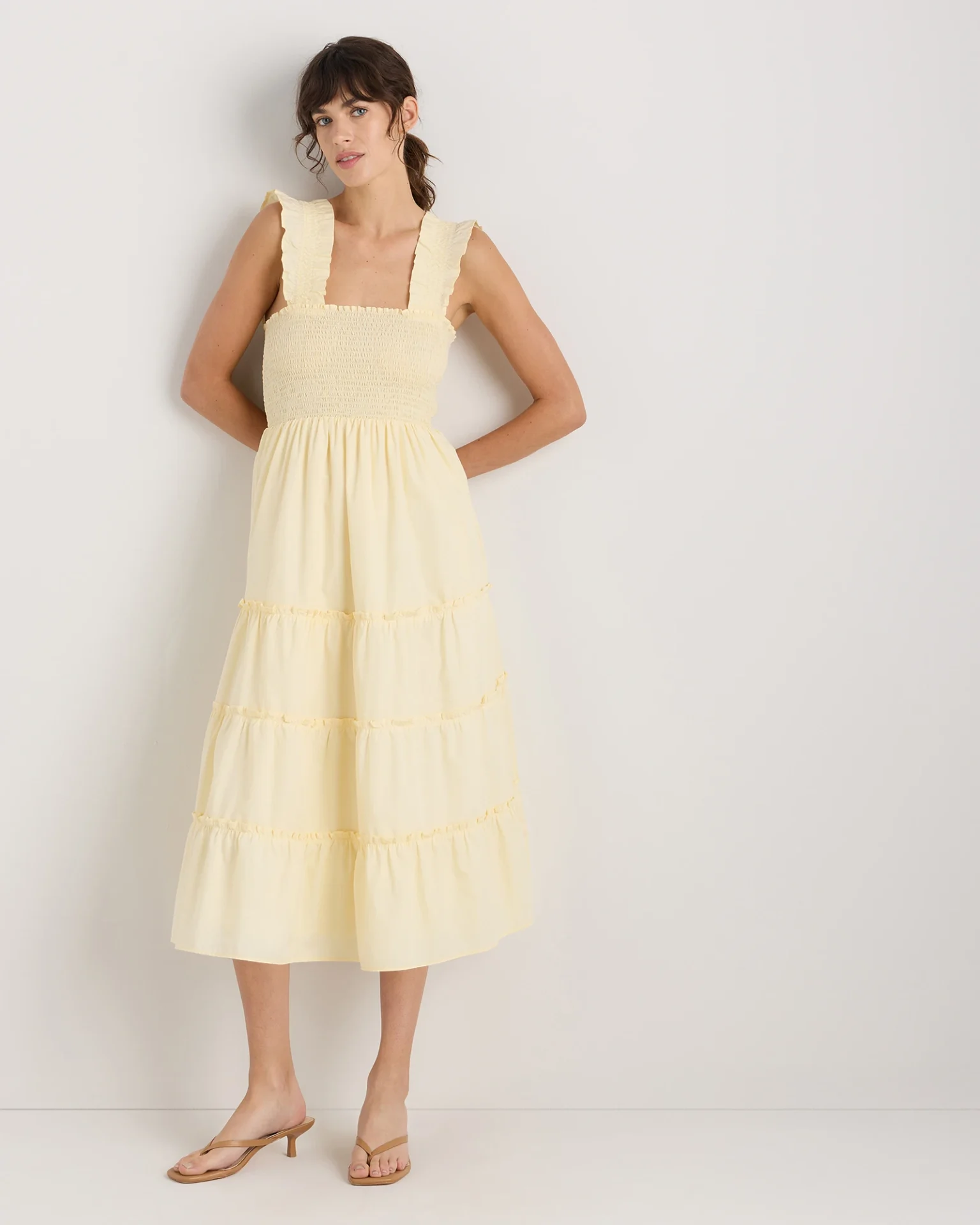 100% Organic Cotton Poplin Smocked Midi Dress (Pale Custard Yellow)