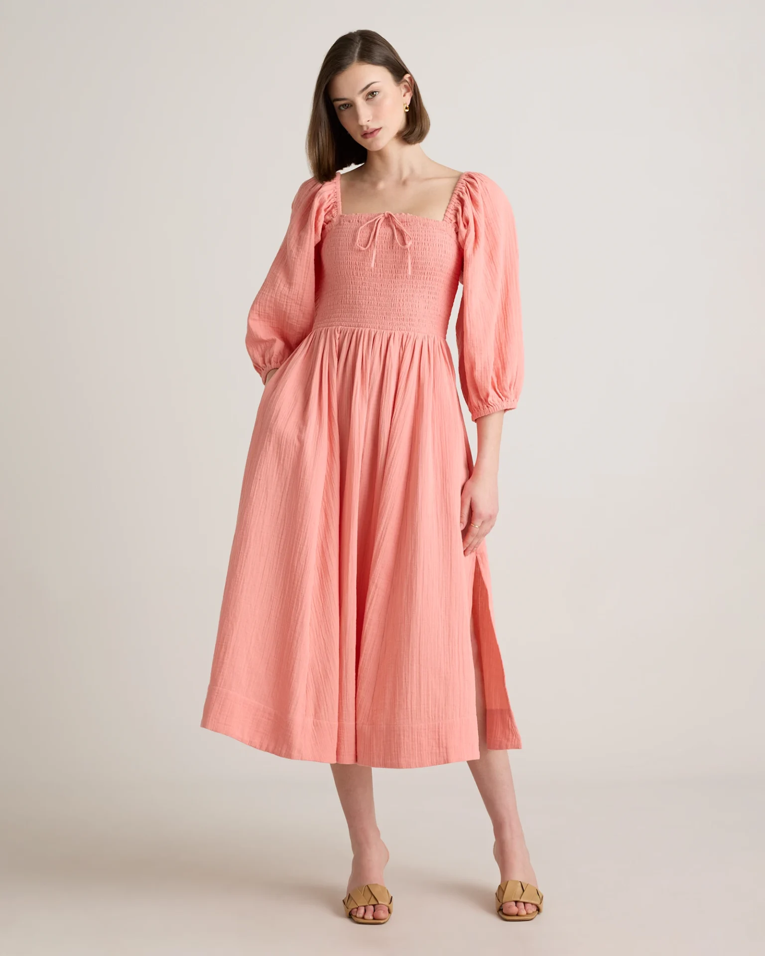 100% Organic Cotton Gauze Smocked Square Neck Midi Dress (Coral Blush)