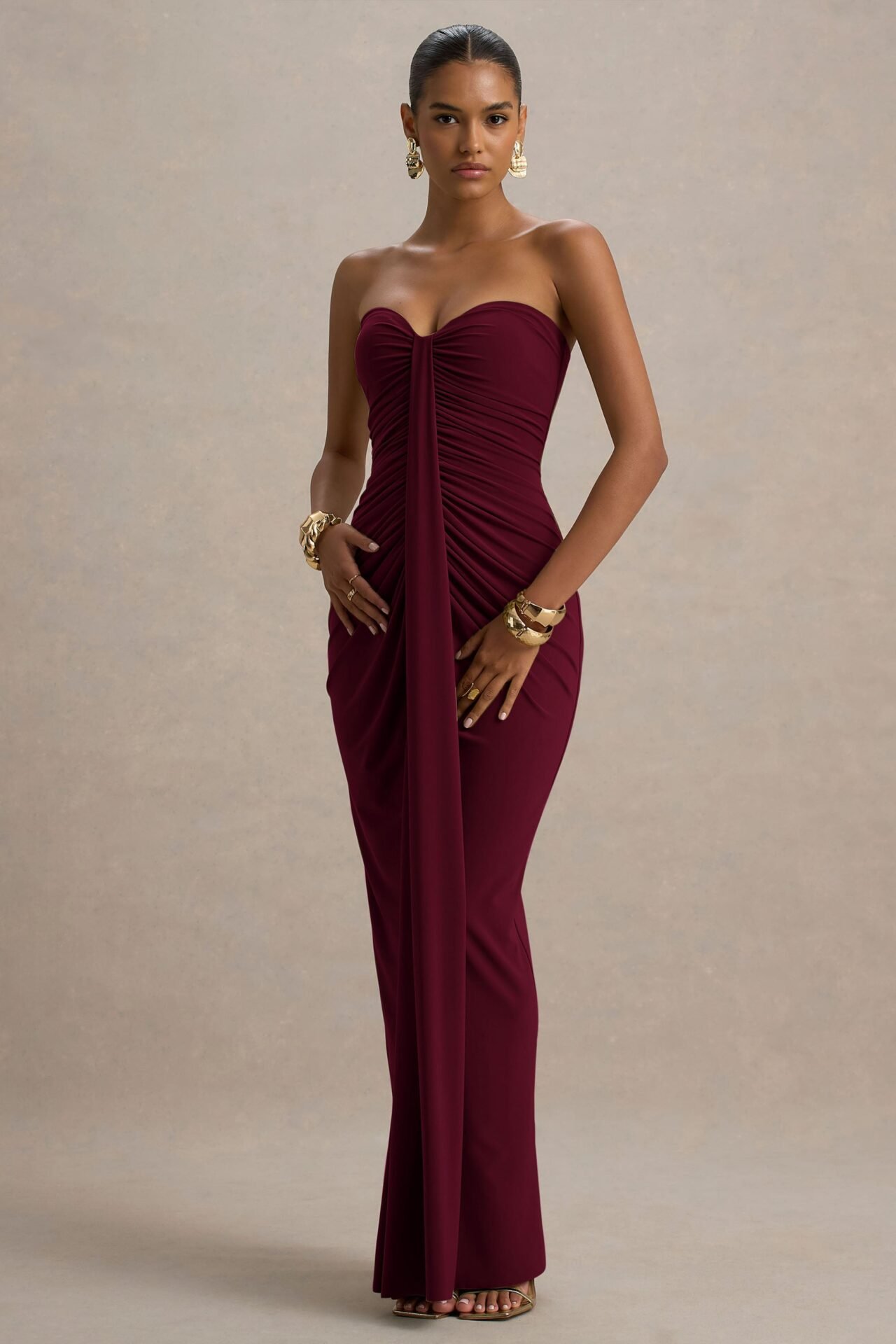 Ali Burgundy Sweetheart Ruched Wrap Maxi Dress