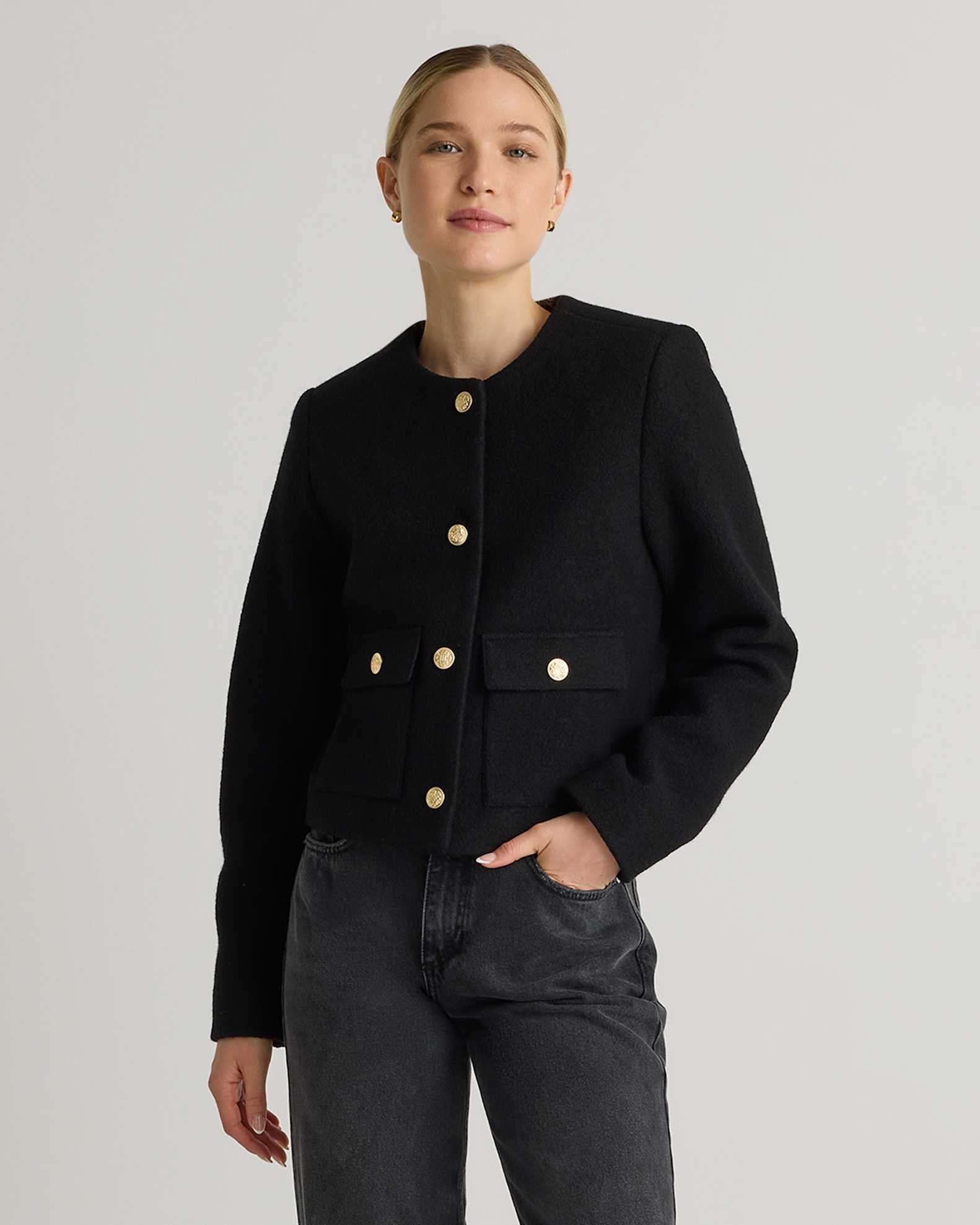 100% Merino Wool Collarless Cropped Jacket (Heather Bone)