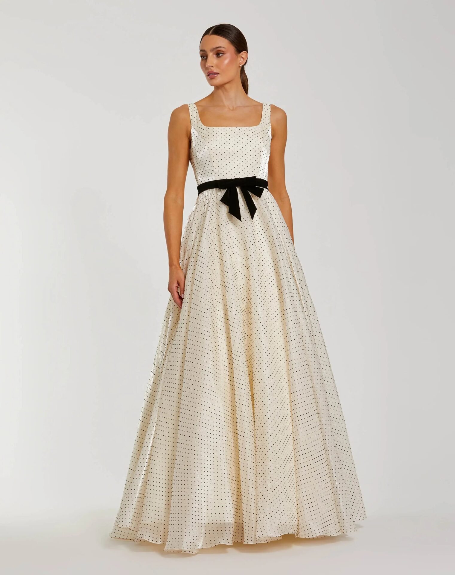 Ivory Polka Dot Square Neck Ball Gown With Bow (Ieena for Mac Duggal, style 56185)