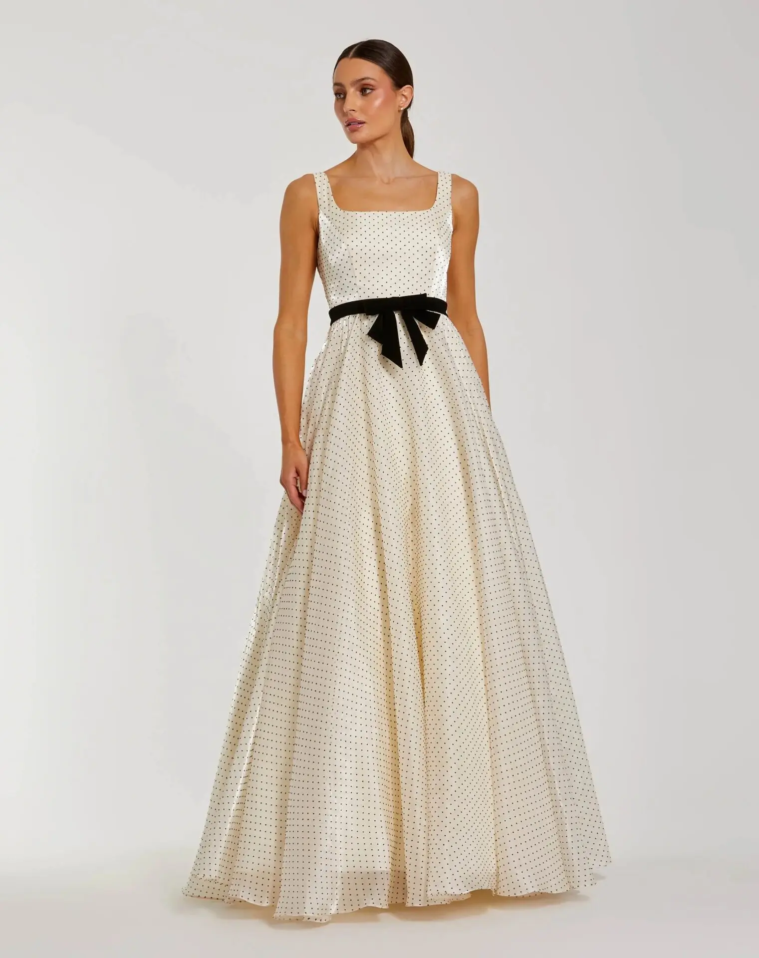 Ivory Polka Dot Square Neck Ball Gown With Bow (Ieena for Mac Duggal, style 56185)