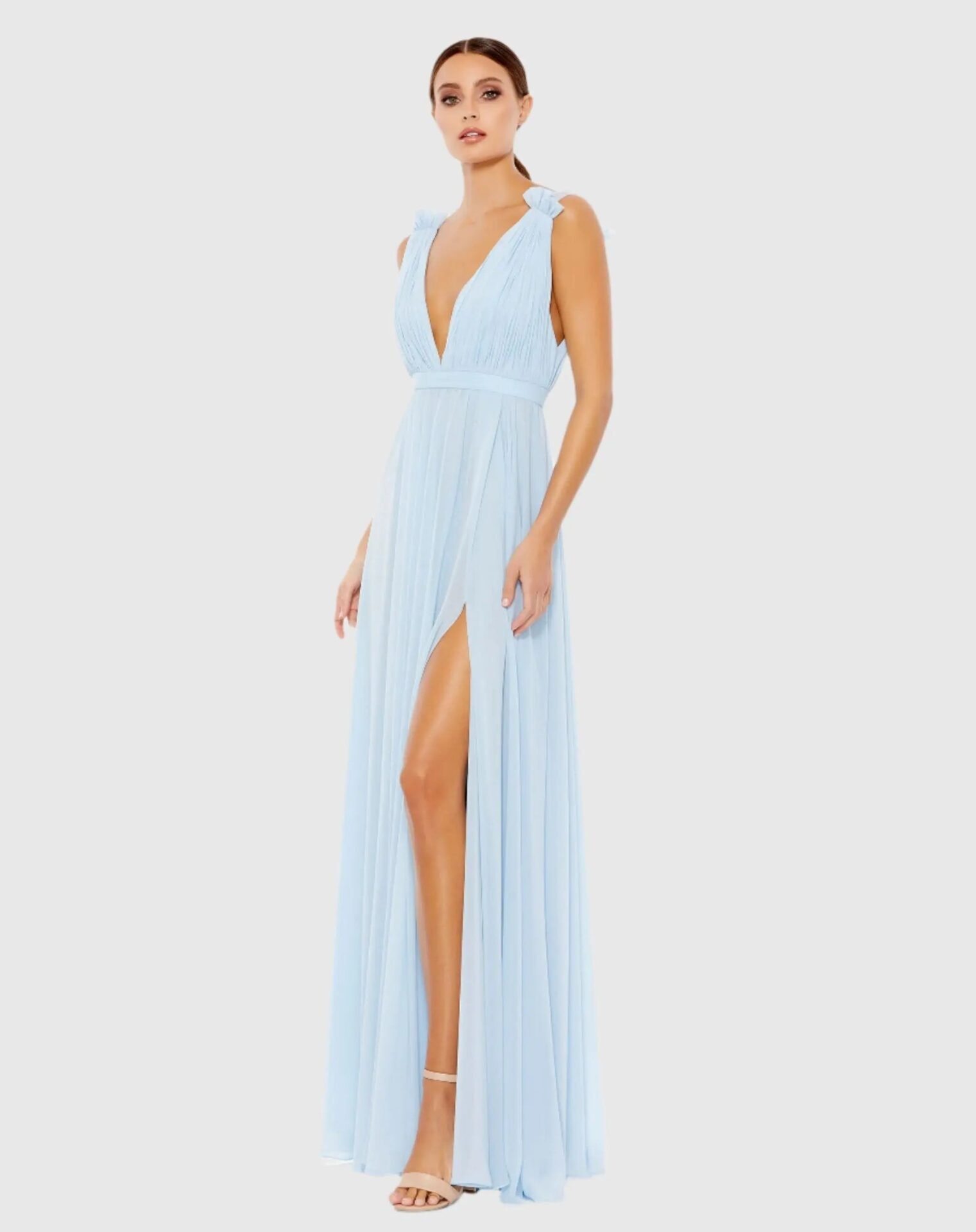 Sleeveless Pleated Chiffon V-Neck Gown, Powder Blue (Ieena for Mac Duggal, style 55321)
