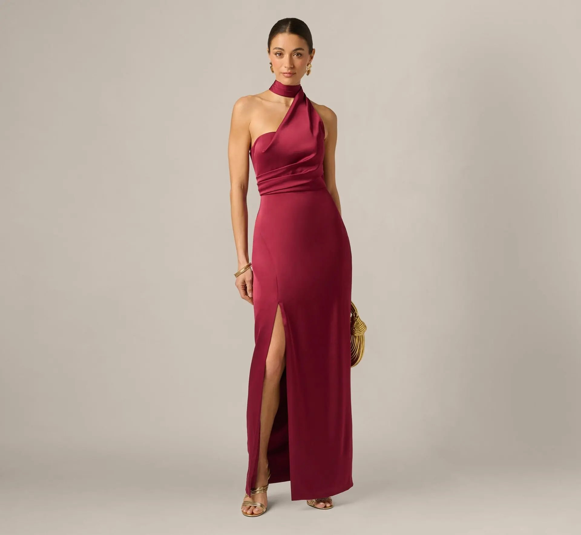 Stretch Satin Asymmetrical Halter Gown, Crimson Haze