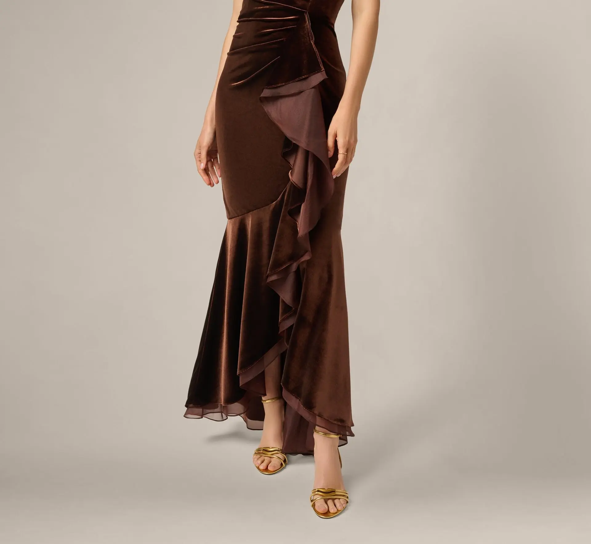 Off The Shoulder Velvet Mermaid Gown With Organza Ruffle, Dark Brown