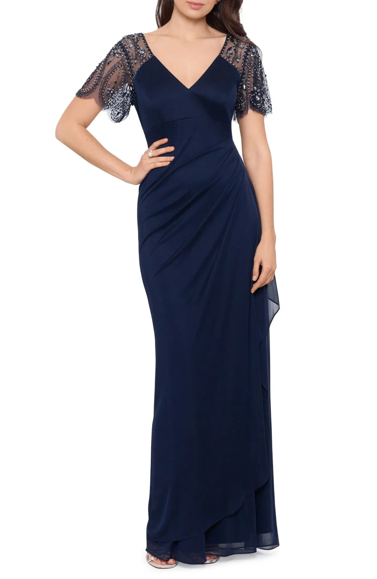 Xscape Beaded Sleeve Ruched Column Gown, Navy
