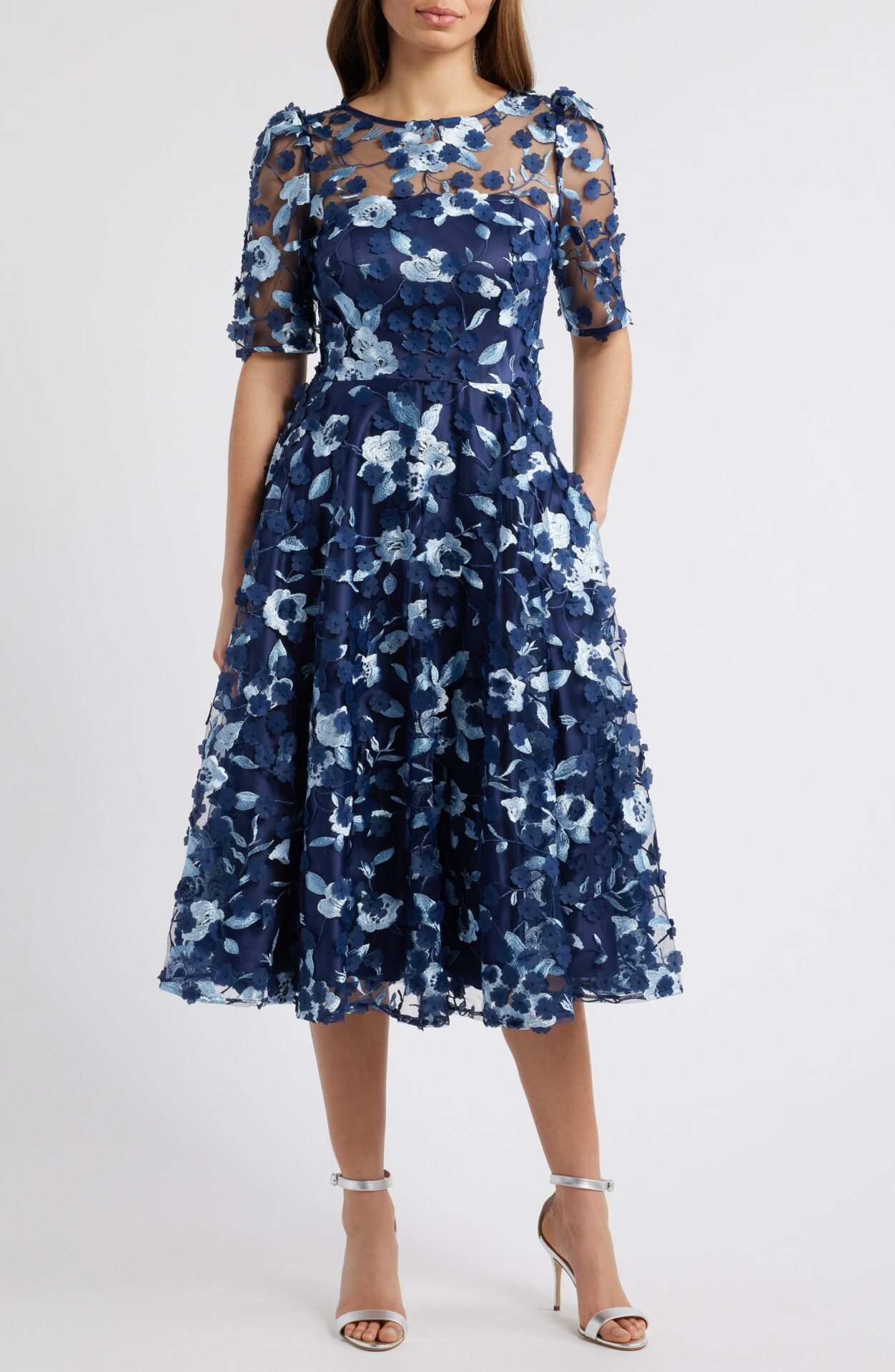 Floral Embroidered Appliquè Illusion Yoke Fit & Flare Cocktail Dress