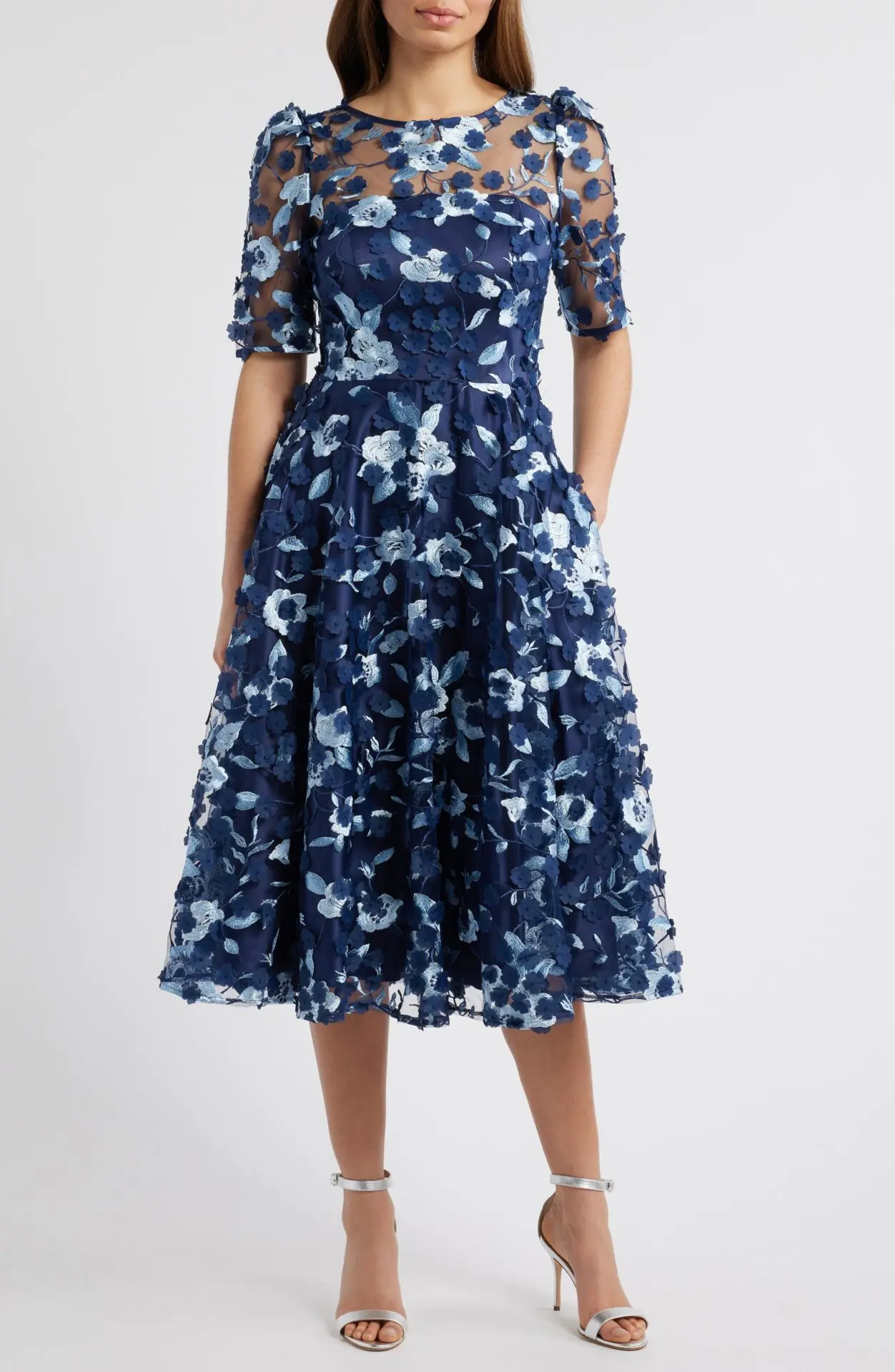 Floral Embroidered Appliquè Illusion Yoke Fit & Flare Cocktail Dress