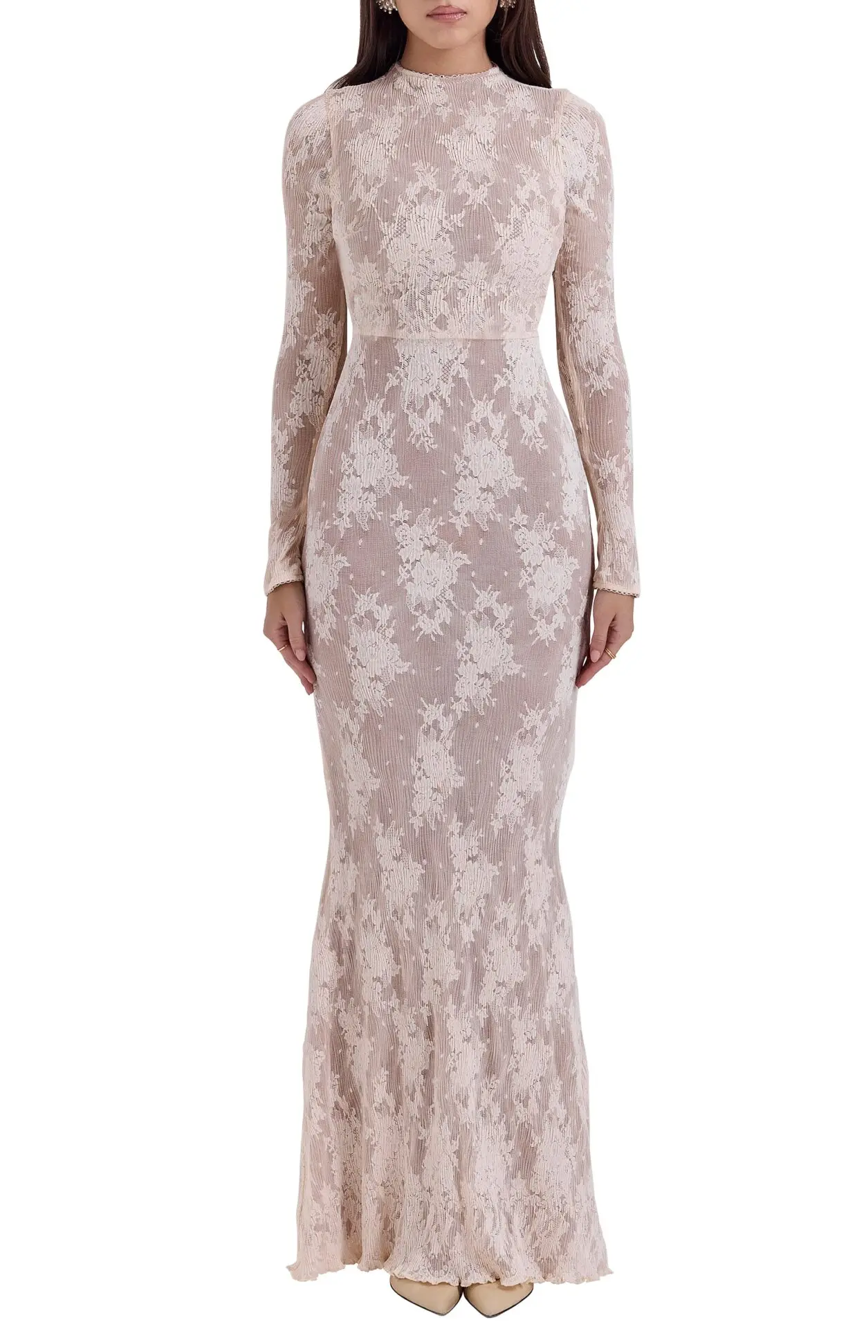 Isoline Lace Long Sleeve Gown, Tender Peach