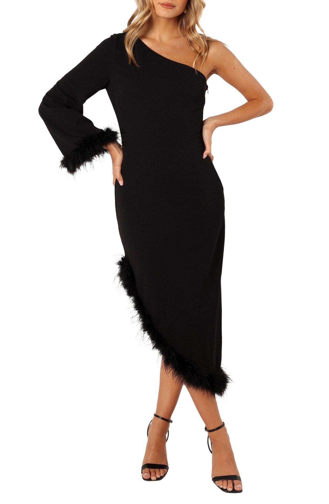 Dame Feather Trim Single Long Sleeve Midi Cocktail Dress, Deep Wine