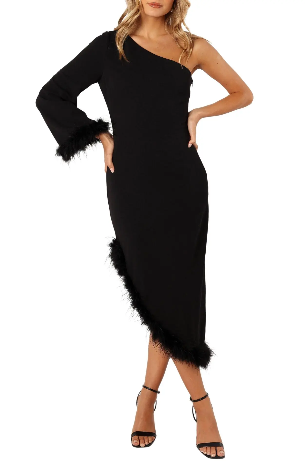 Dame Feather Trim Single Long Sleeve Midi Cocktail Dress, Deep Wine