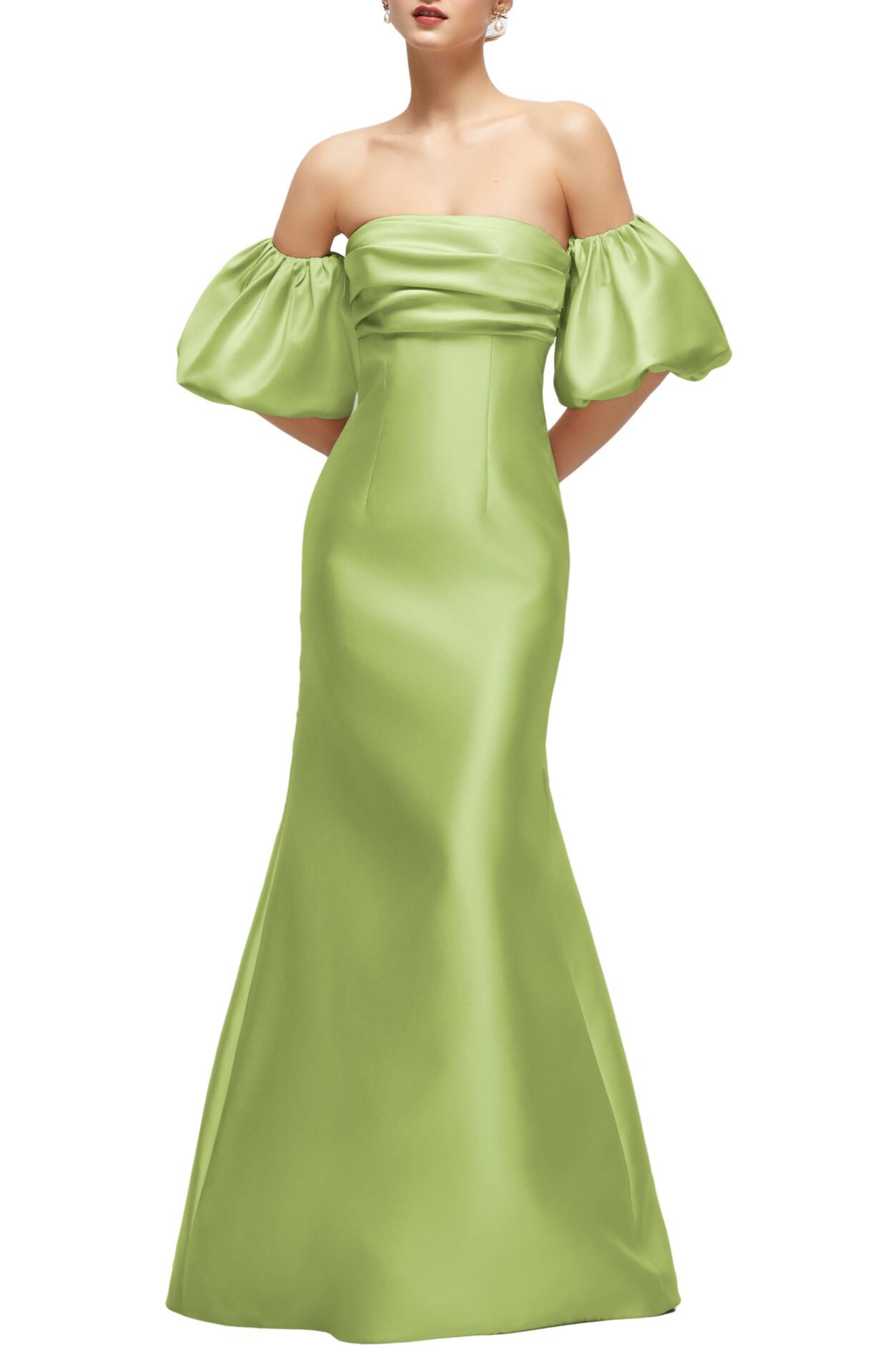 Off the Shoulder Puff Sleeve Satin Gown, Deep Plum