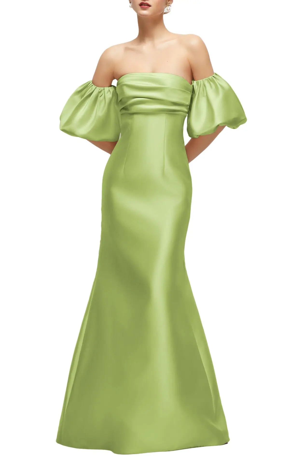 Off the Shoulder Puff Sleeve Satin Gown, Deep Plum