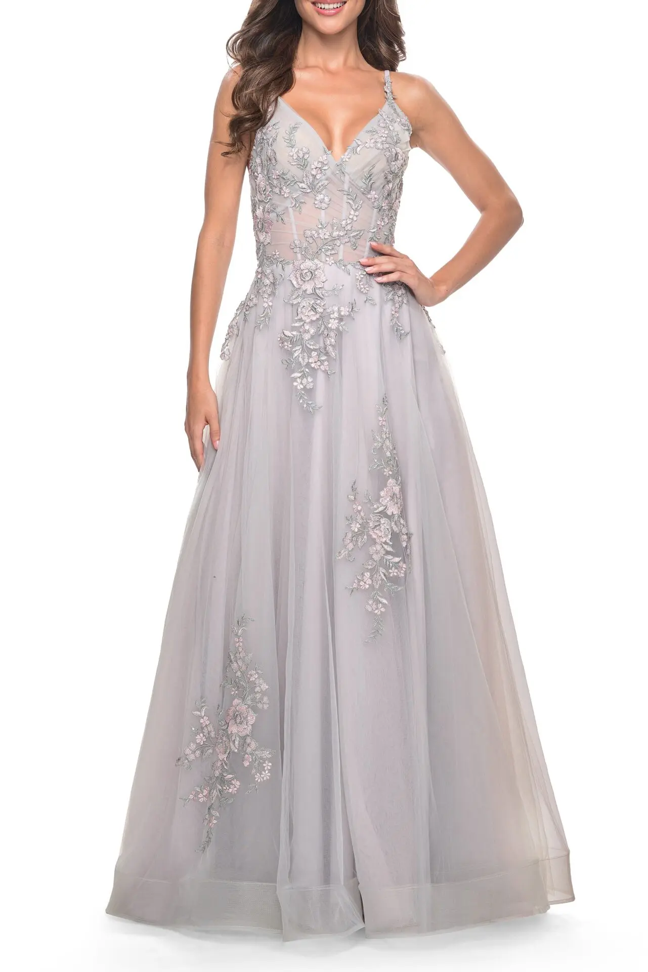 A-Line Tulle Prom Dress with Scattered Lace Applique, Lavender