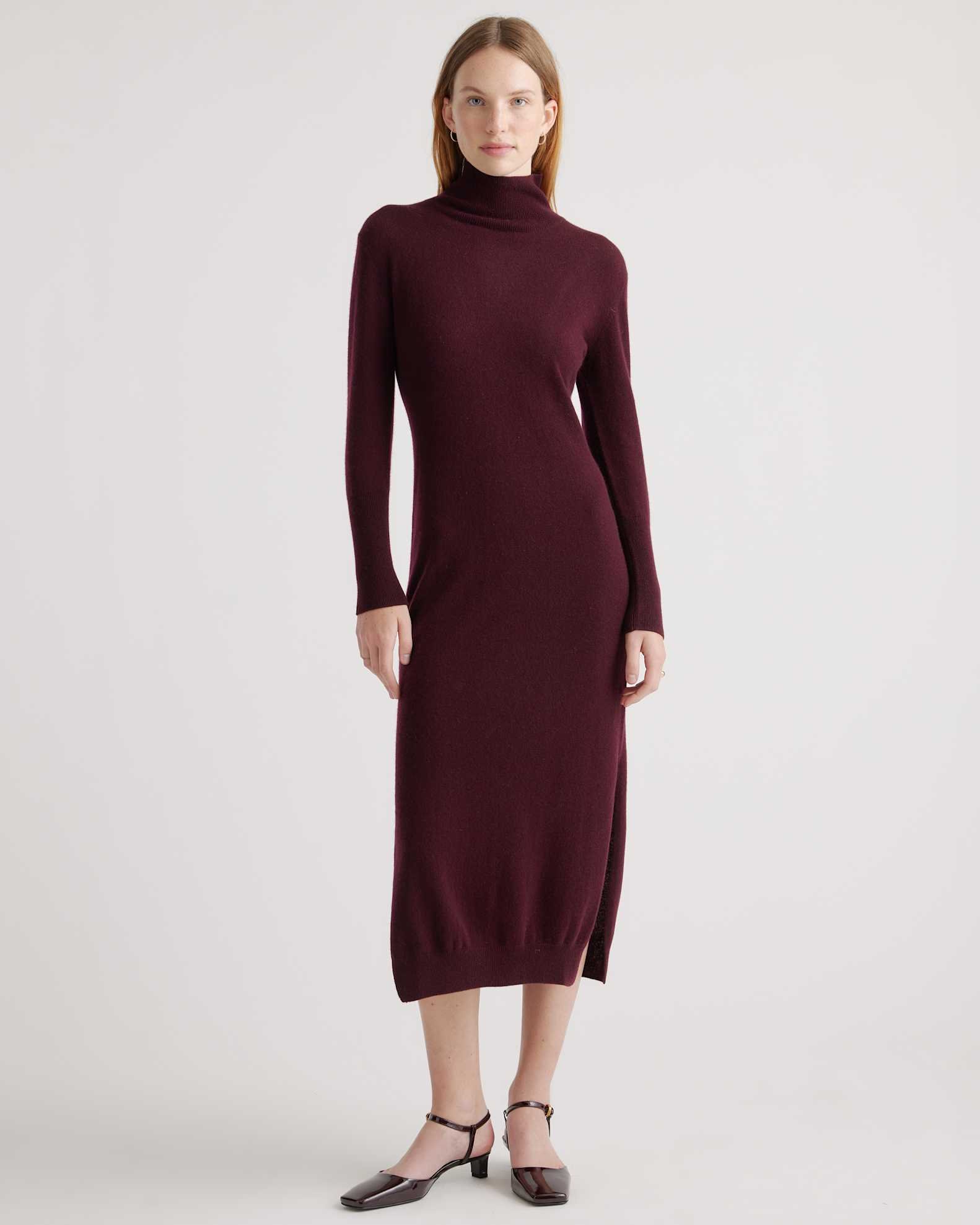 Mongolian Cashmere Turtleneck Midi Sweater Dress (Burgundy)