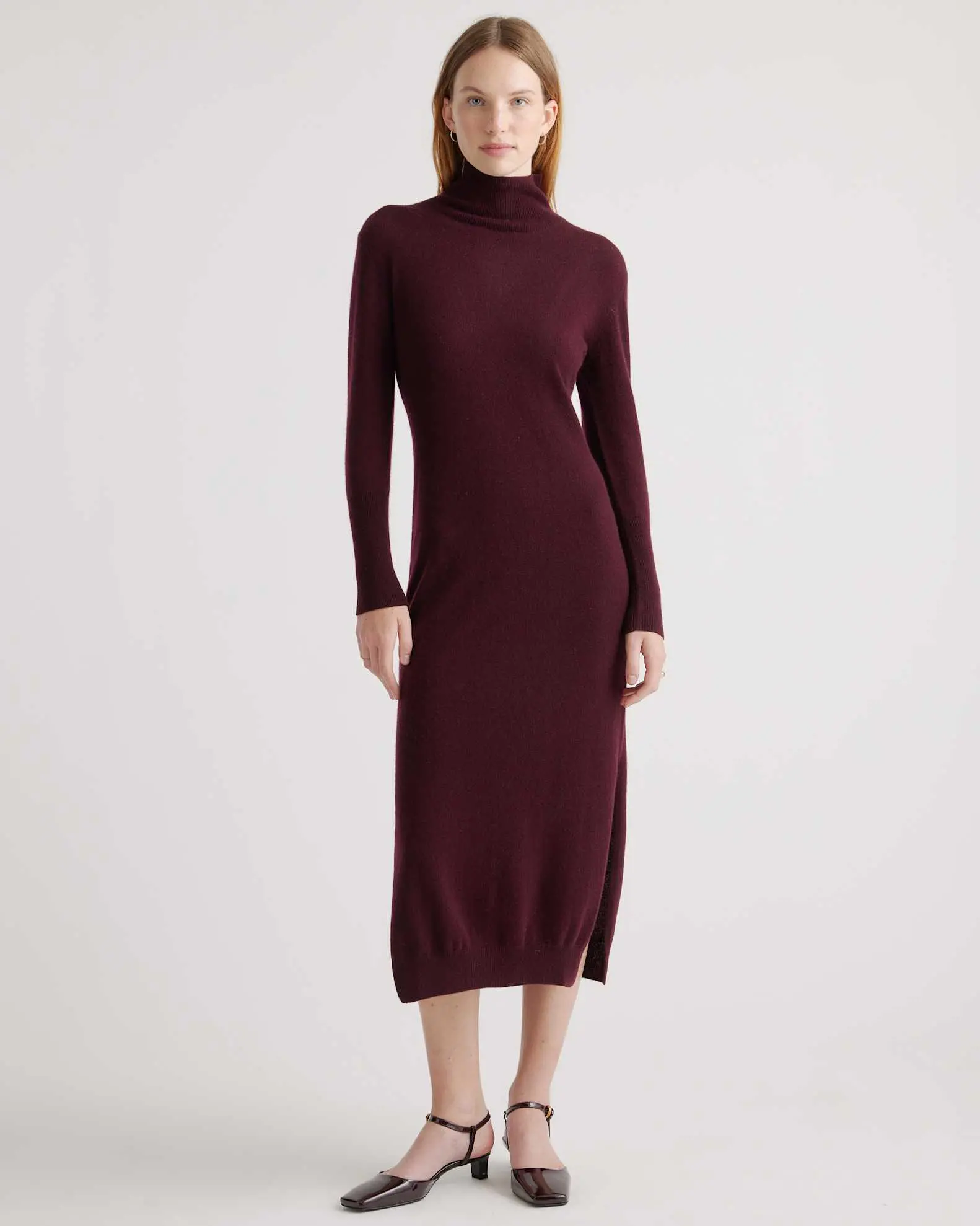 Mongolian Cashmere Turtleneck Midi Sweater Dress (Burgundy)
