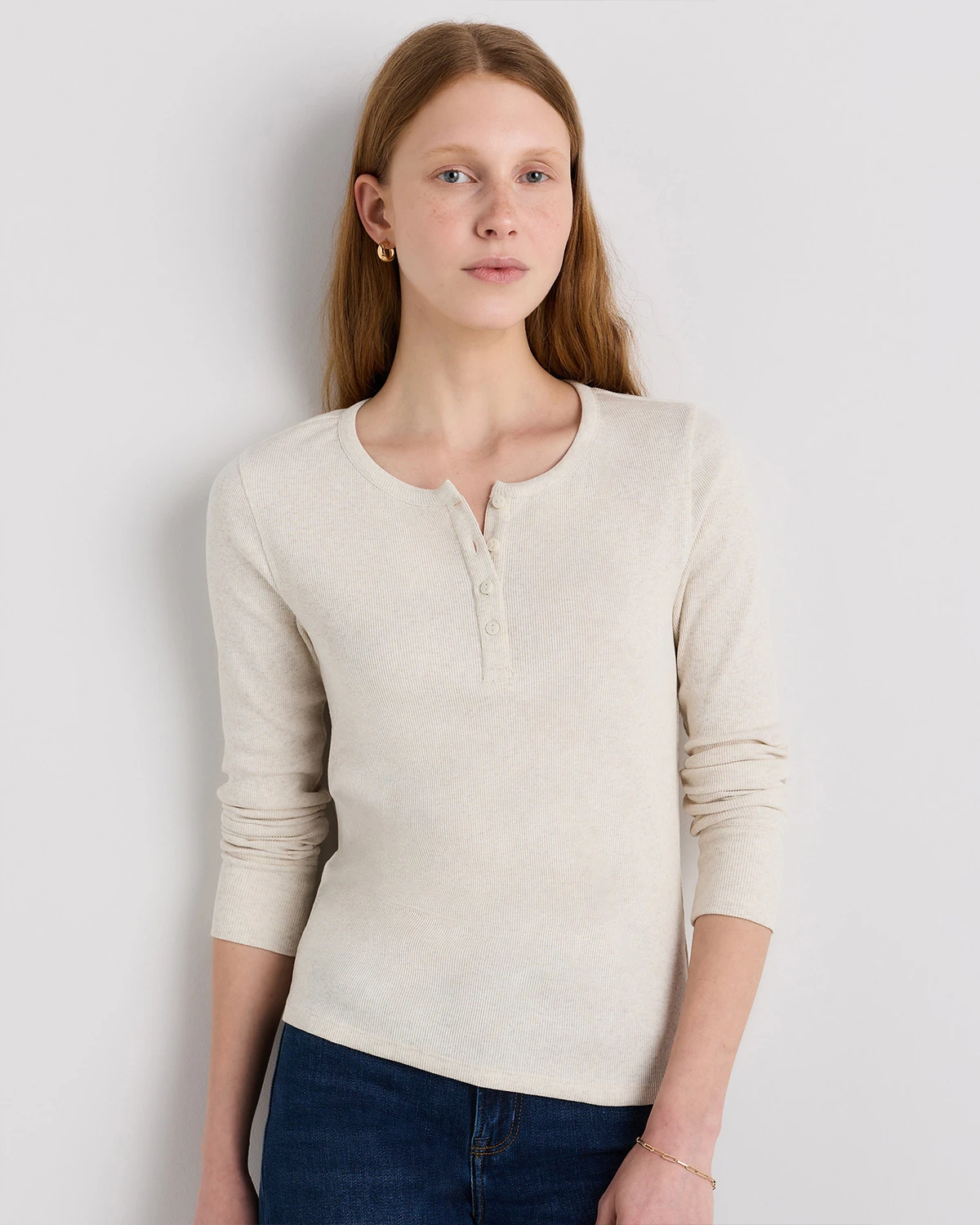 Organic Cotton Micro-Rib Henley Long Sleeve Tee (Heather Oatmeal)
