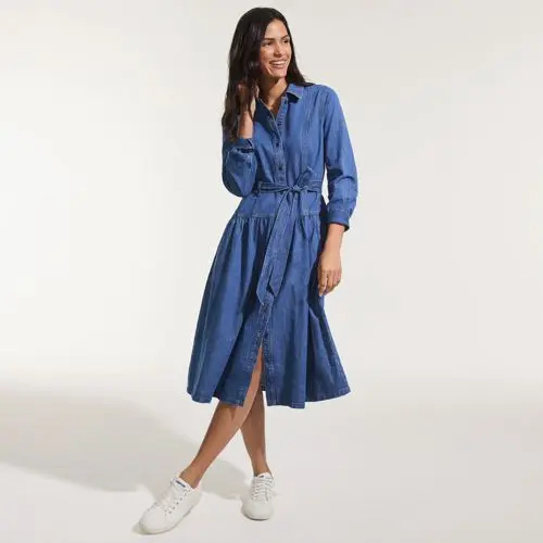 Women's Denim Button Front Midi Shirt Dress (Indigo Medium Wash)