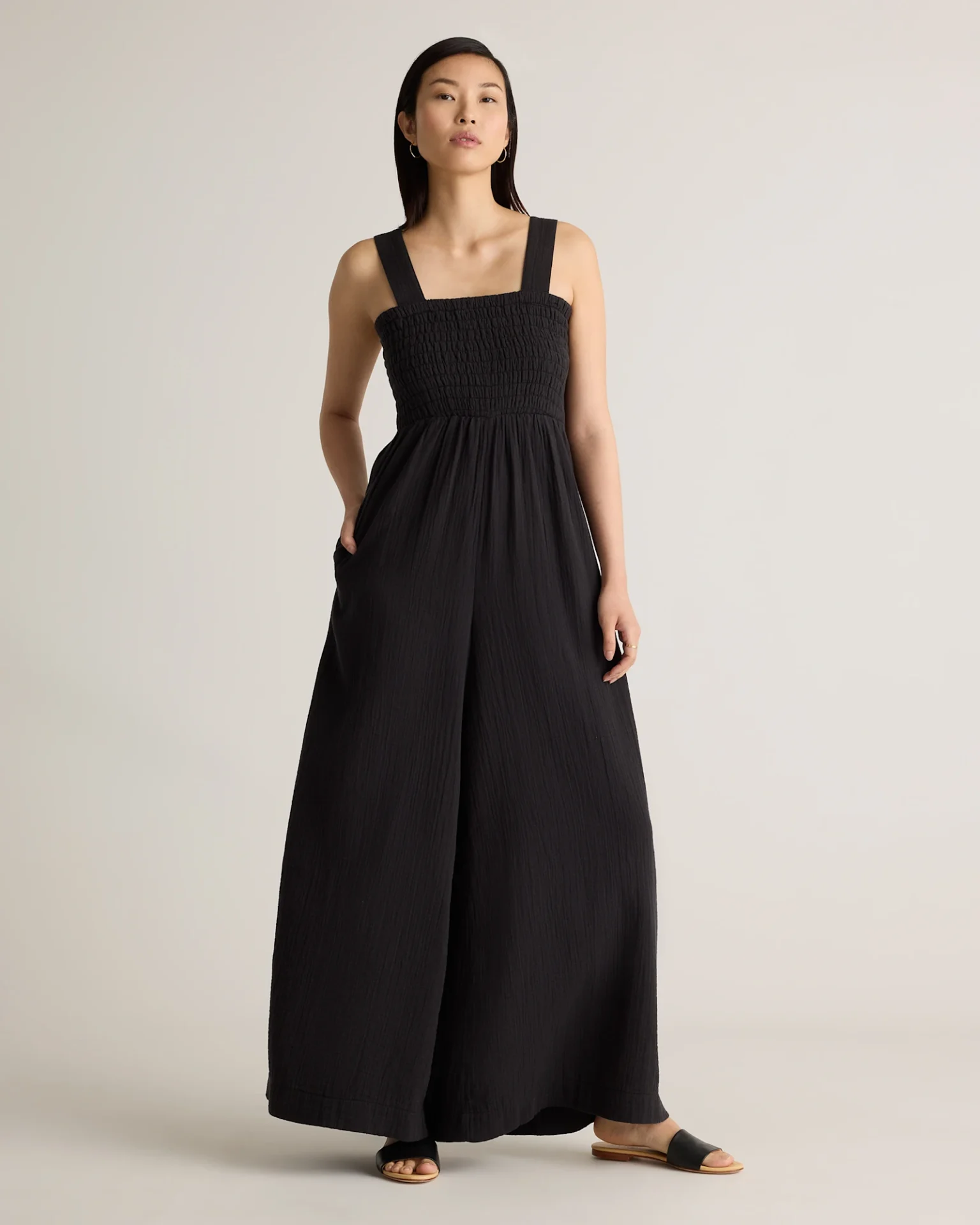 100% Organic Cotton Gauze Smocked Wide Leg Jumpsuit (Black)