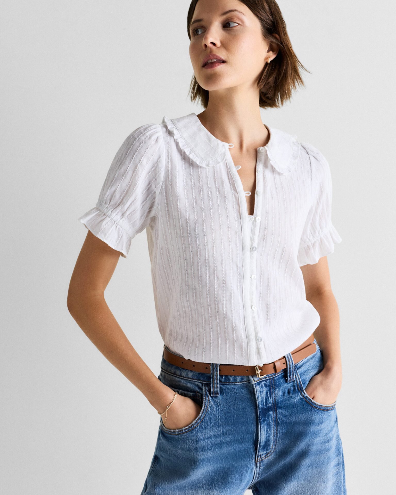 Embroidered Cotton Ruffle Collar Long Sleeve Blouse (Classic White)