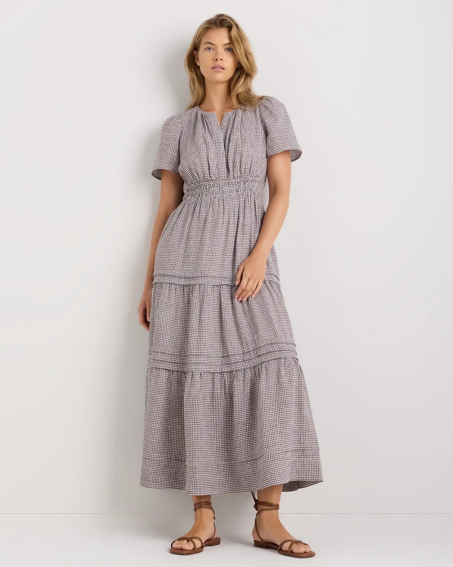 100% European Linen Tiered Maxi Dress (Taupe Beige)