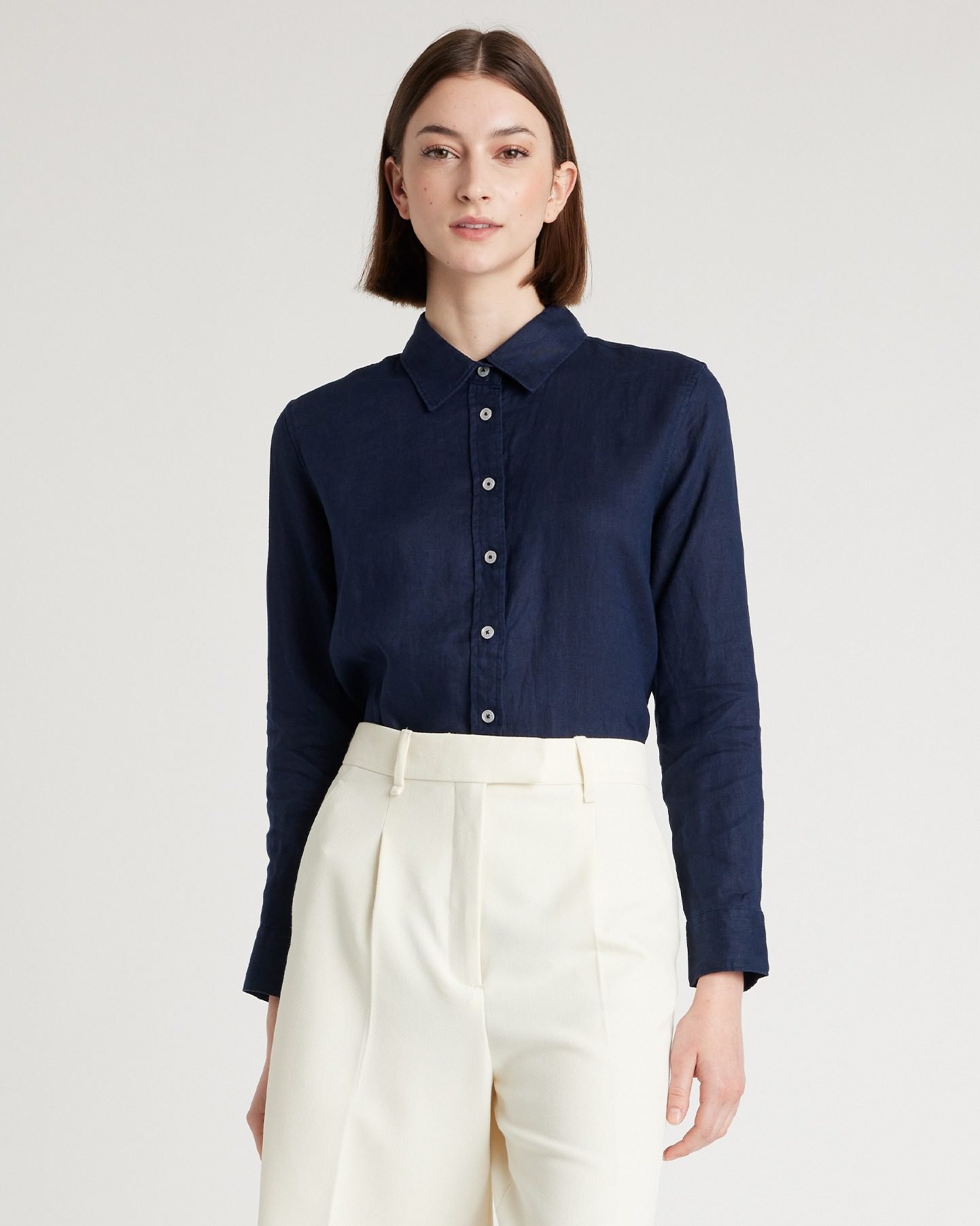100% European Linen Long Sleeve Shirt (Deep Navy)