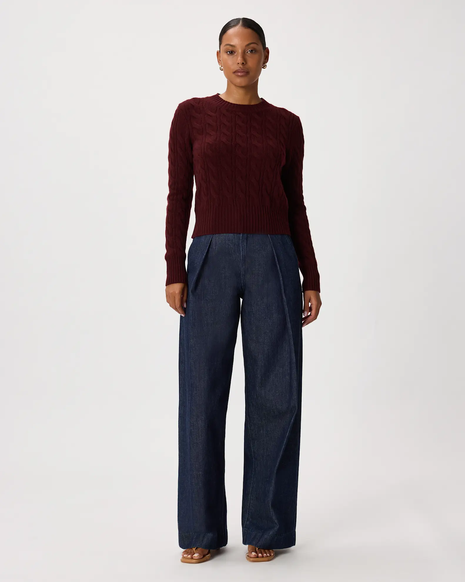 Mongolian Cashmere Shrunken Cable Crewneck Sweater (Rich Burgundy)