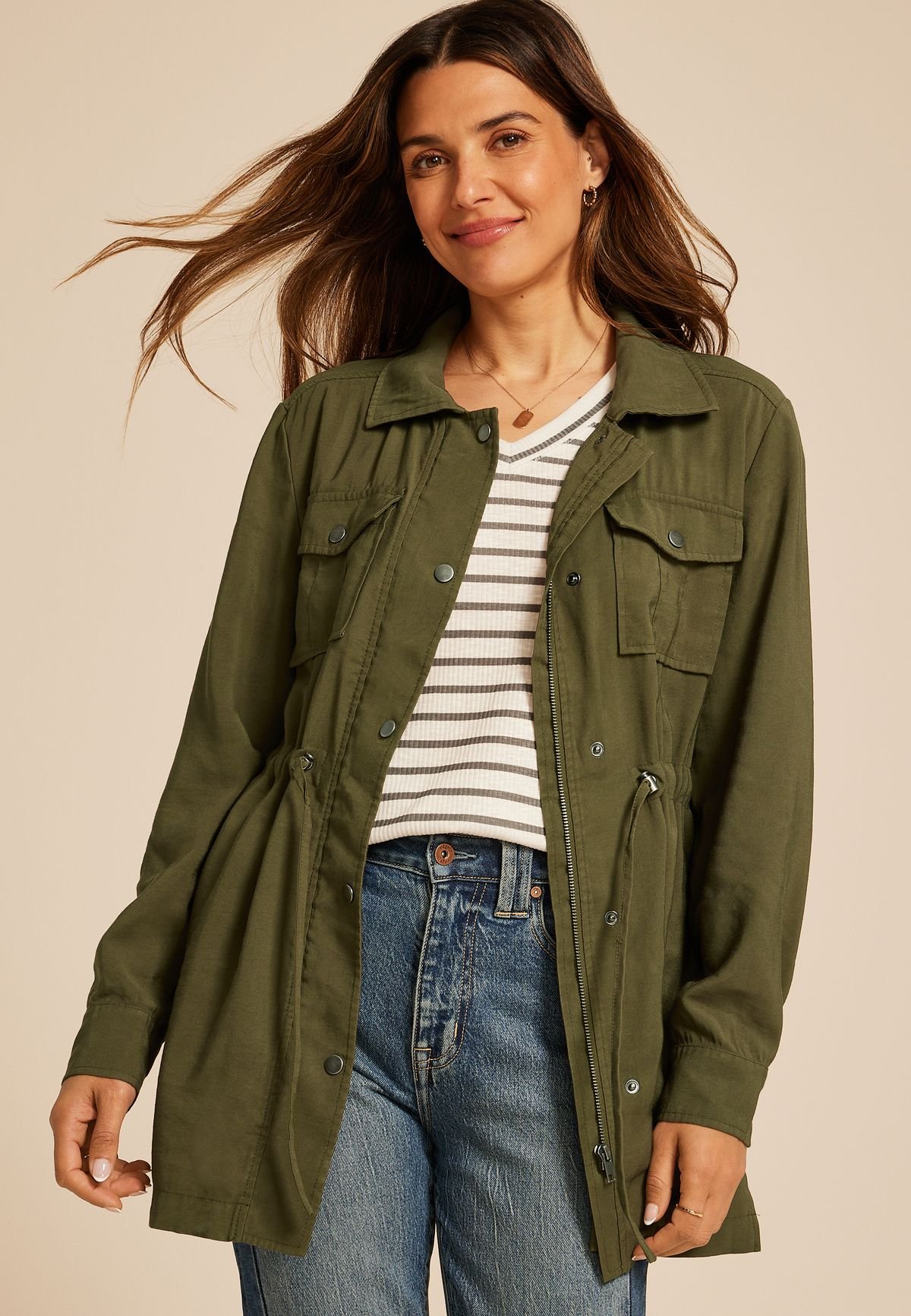 Olive Twill Cinched Waist Jacket
