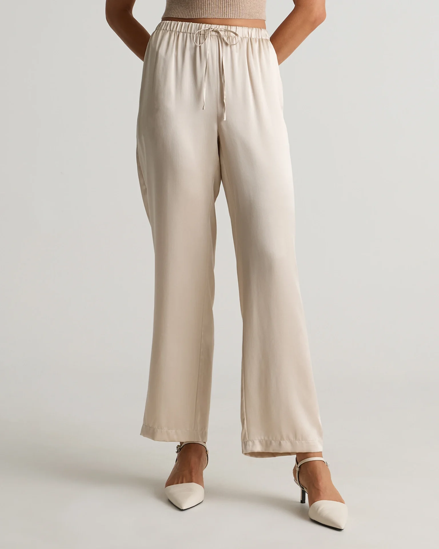 100% Washable Silk Drawstring Wide Leg Pants (Champagne)