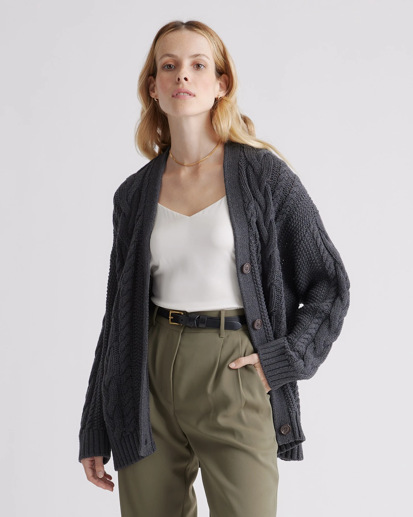 100% Organic Cotton Oversized Cable Cardigan (Charcoal)
