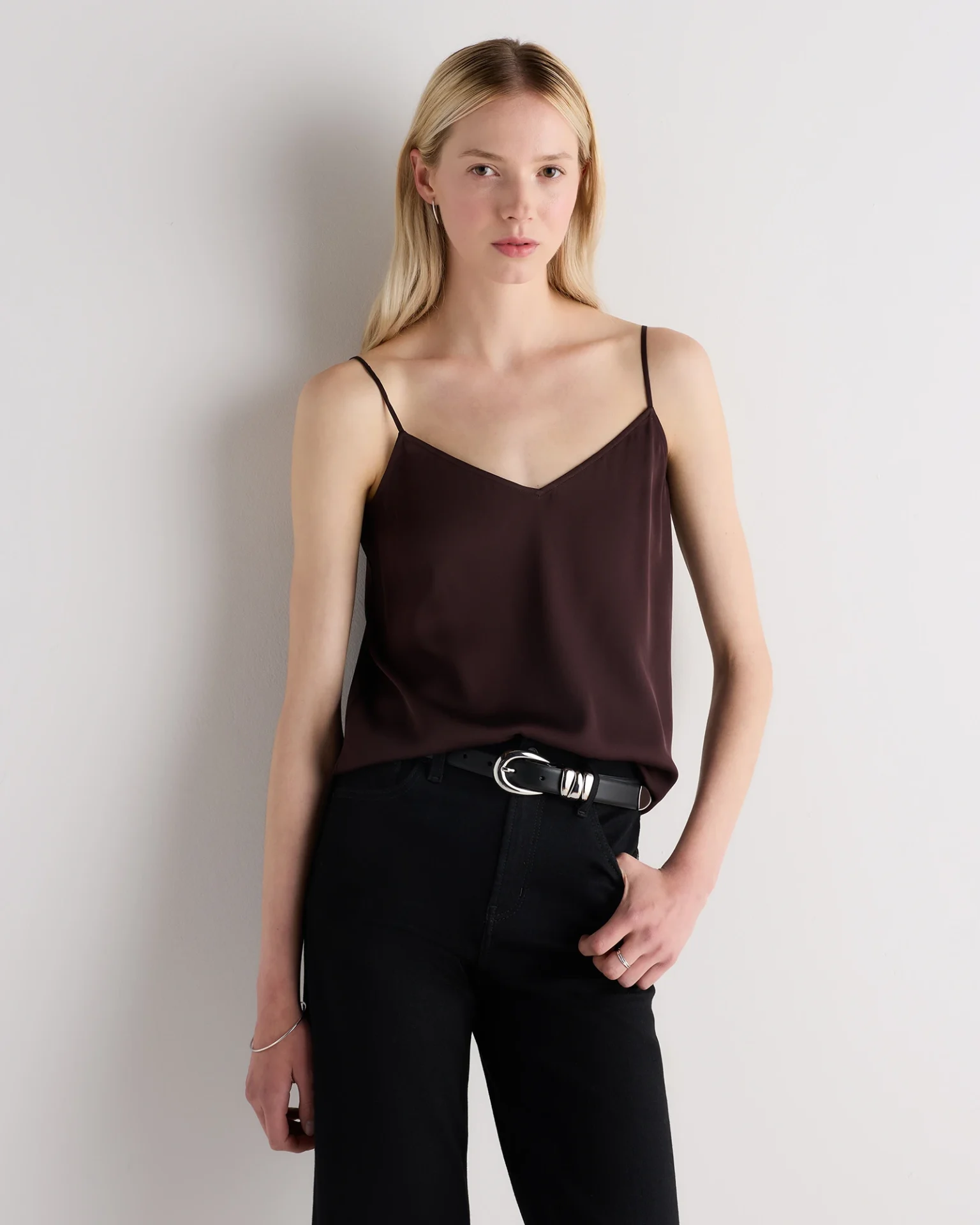 Washable Stretch Silk V-Neck Cami (Chocolate Plum Brown)