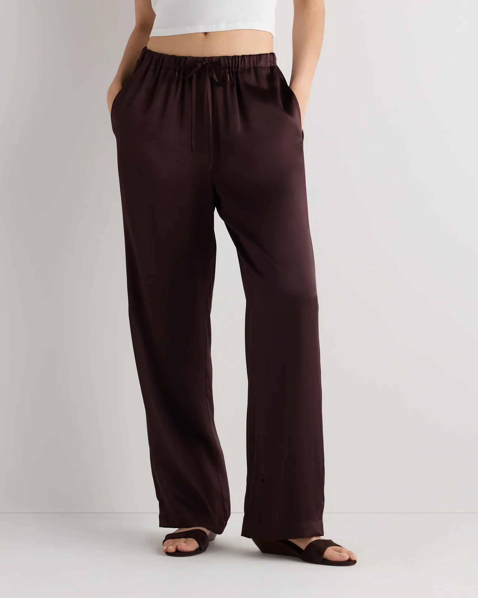 100% Washable Silk Drawstring Wide Leg Pants (Chocolate Plum Brown)