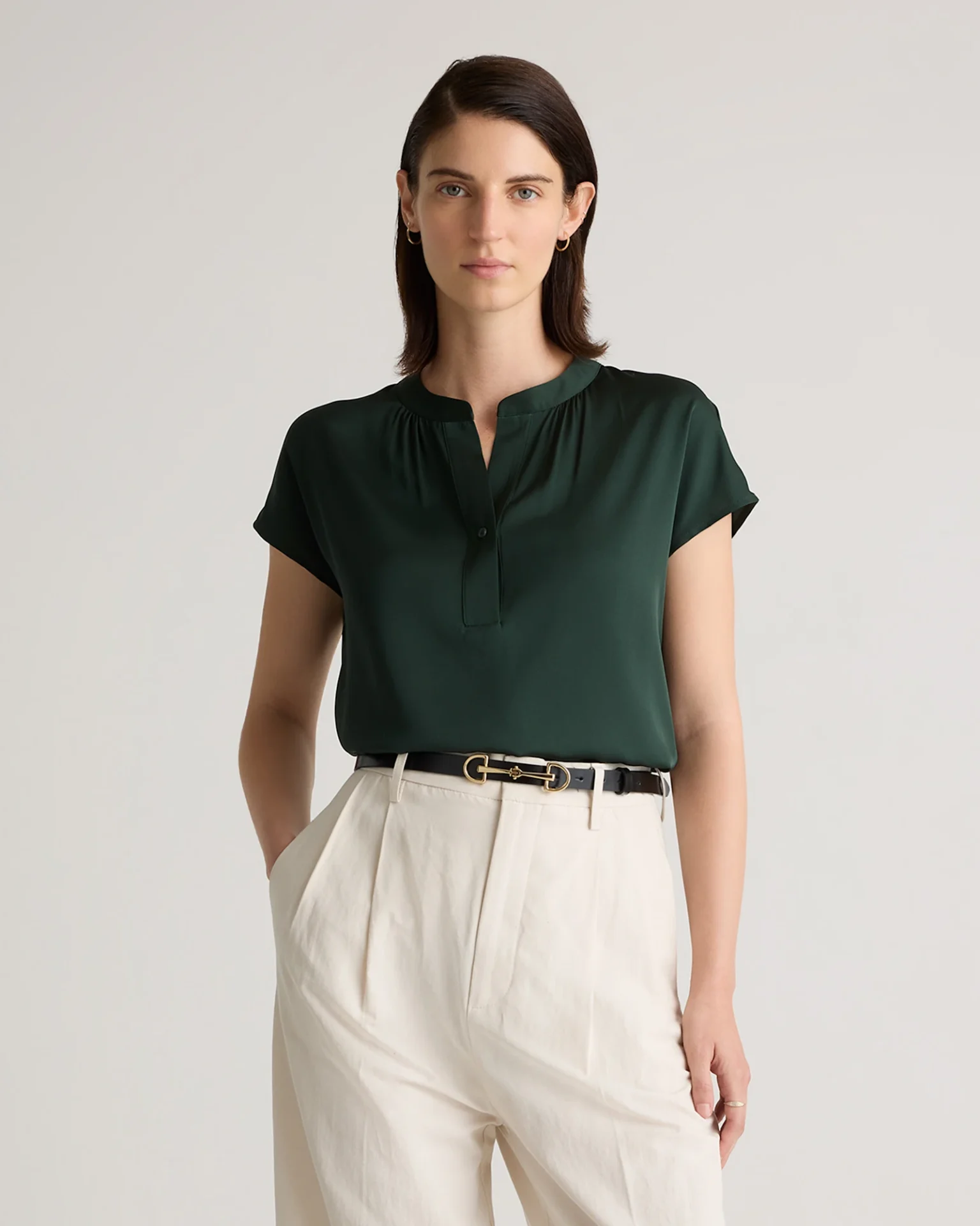 Washable Stretch Silk Dolman Sleeve Blouse (Forest Green)