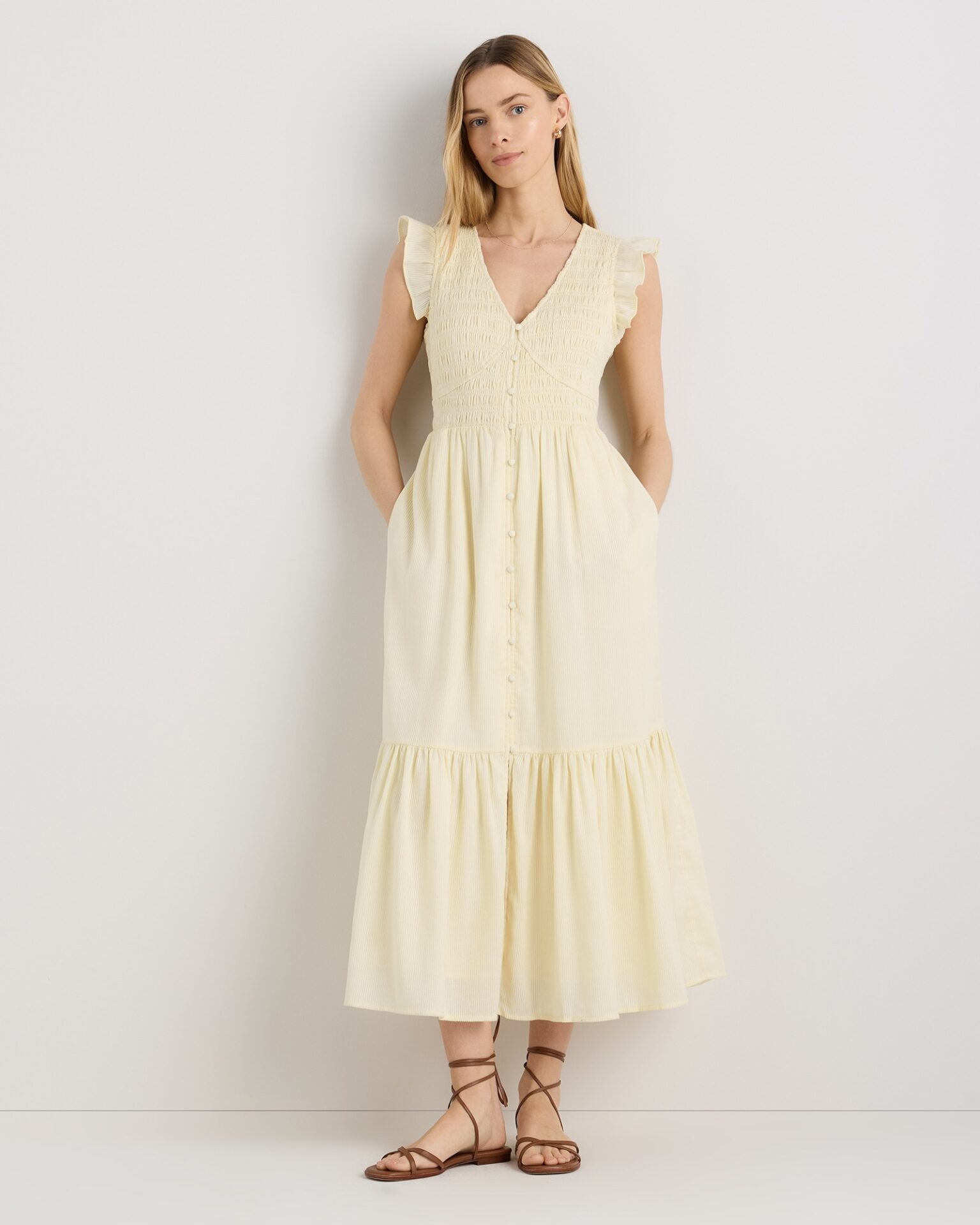 Organic Textured Cotton Smocked V-Neck Midi Dress (Pale Custard Yellow)