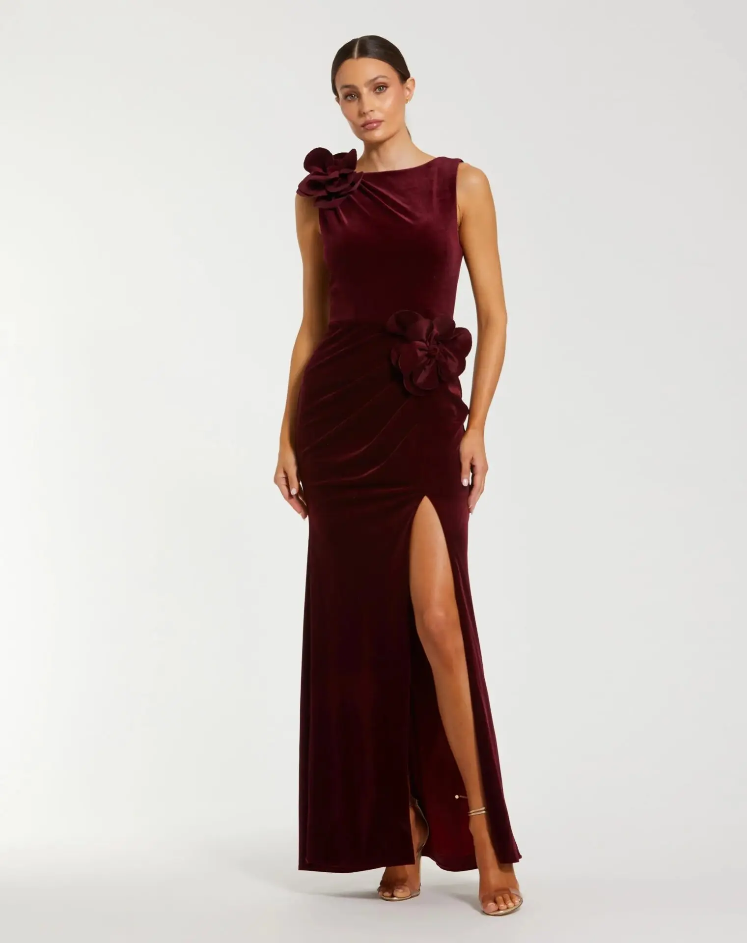 Burgundy High Neck Velvet Column Gown with 3D Flowers