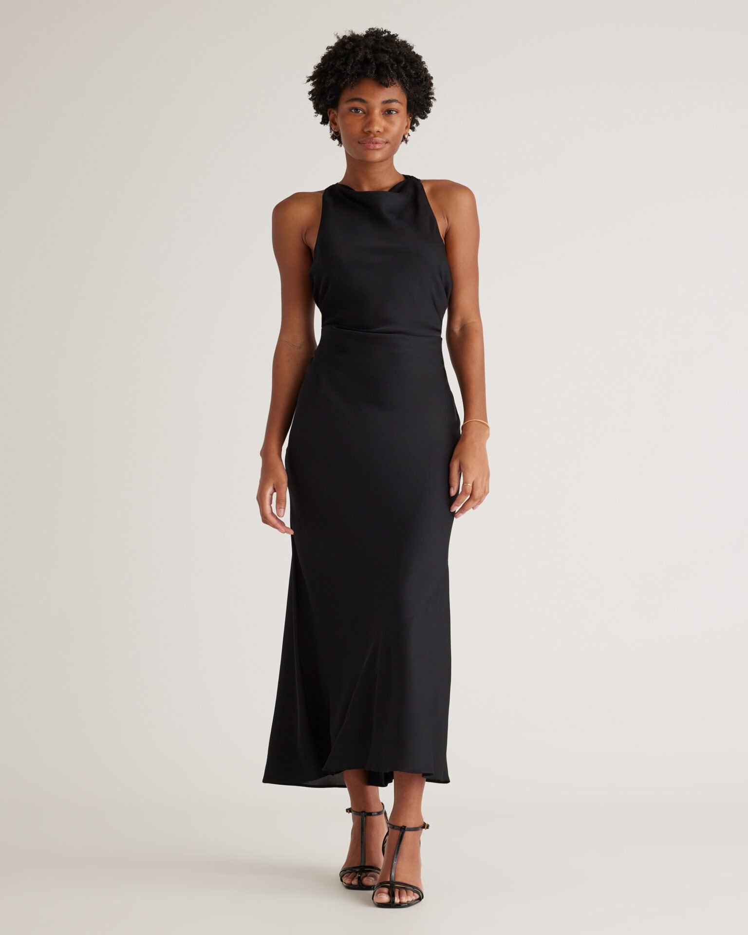Washable Stretch Silk High Neck Midi Dress (Black)
