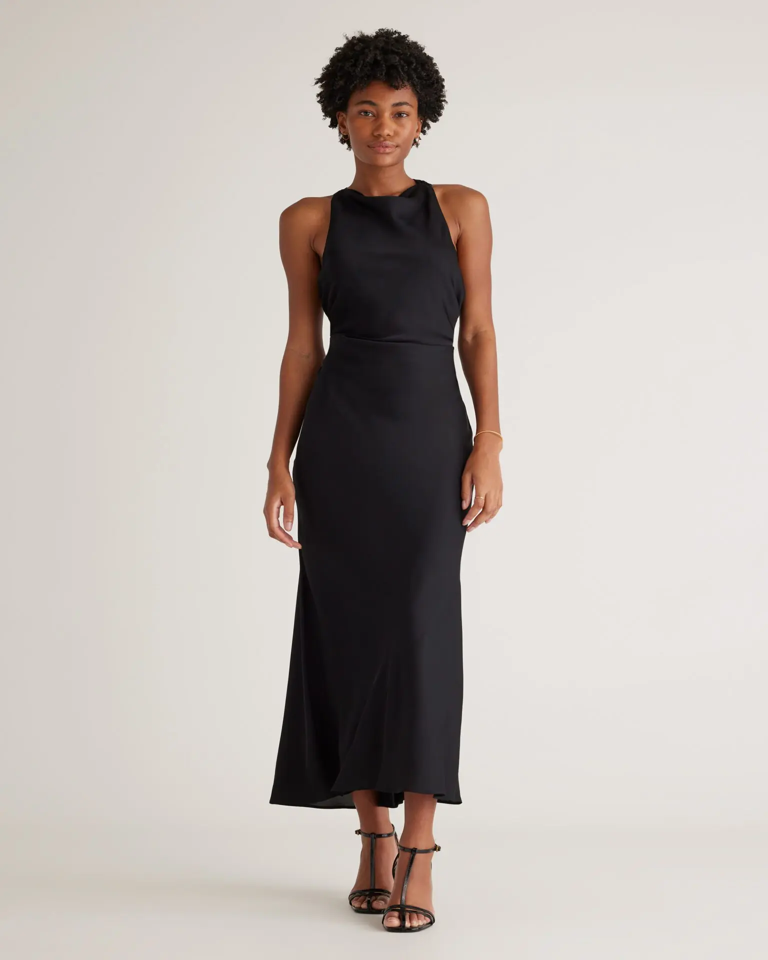 Washable Stretch Silk High Neck Midi Dress (Black)
