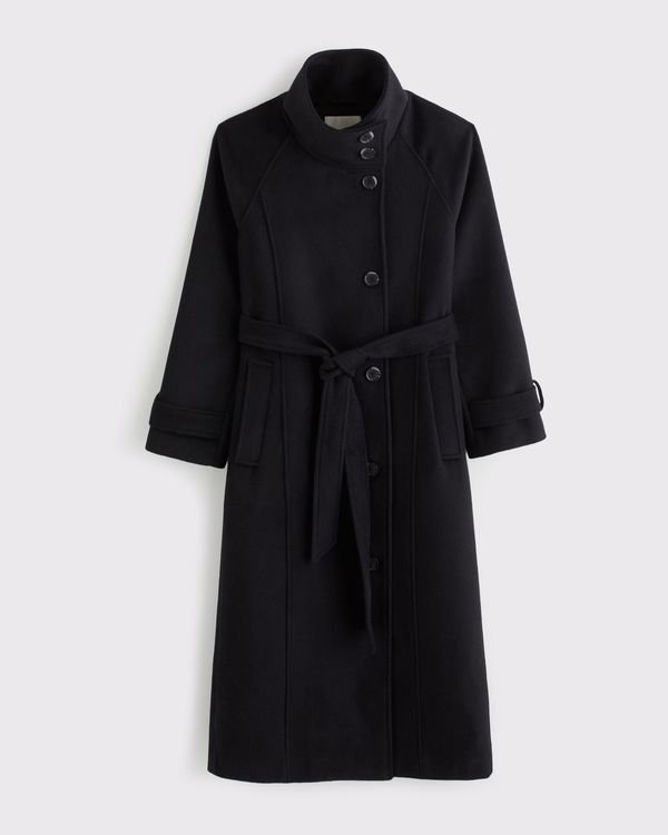 Funnel Neck Wool-Blend Long Coat (Black)