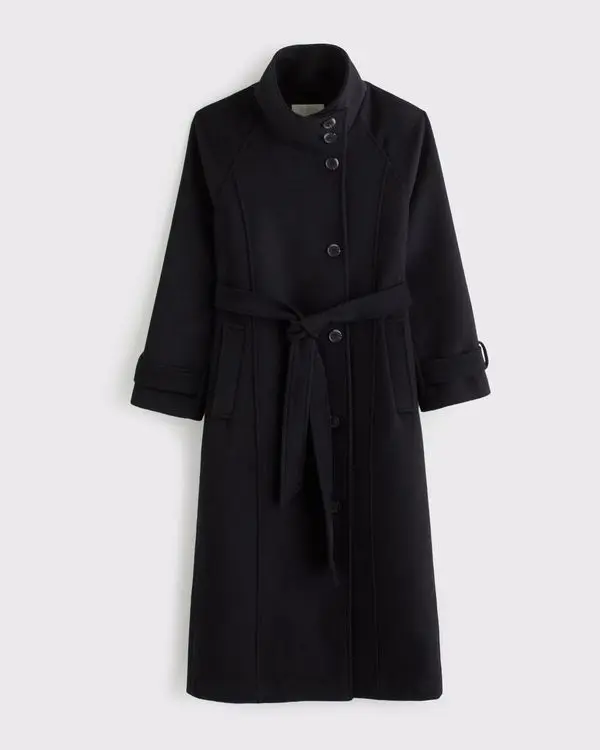 Funnel Neck Wool-Blend Long Coat (Black)