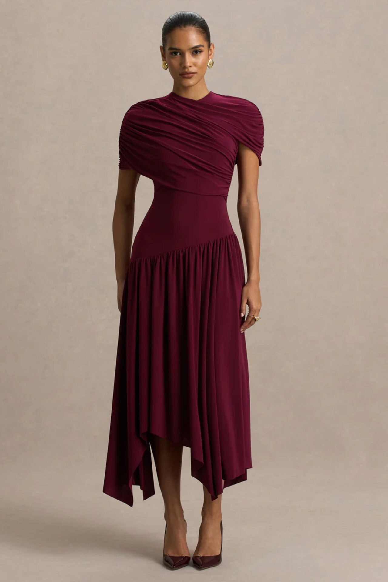 Ione Burgundy Wrapped Midi Dress with Hanky Hem