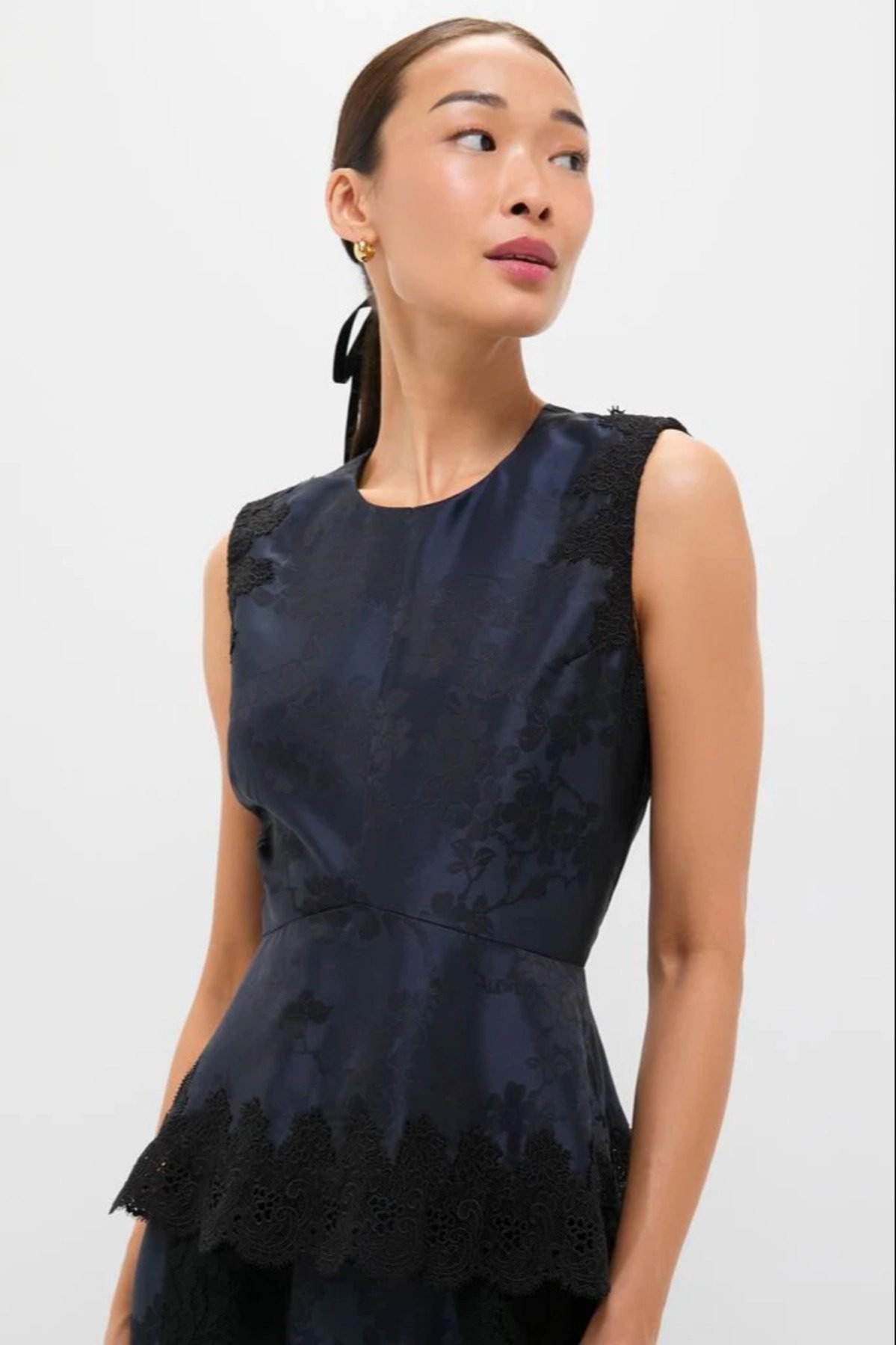 Navy Jacquard and Black Lace Margy Top