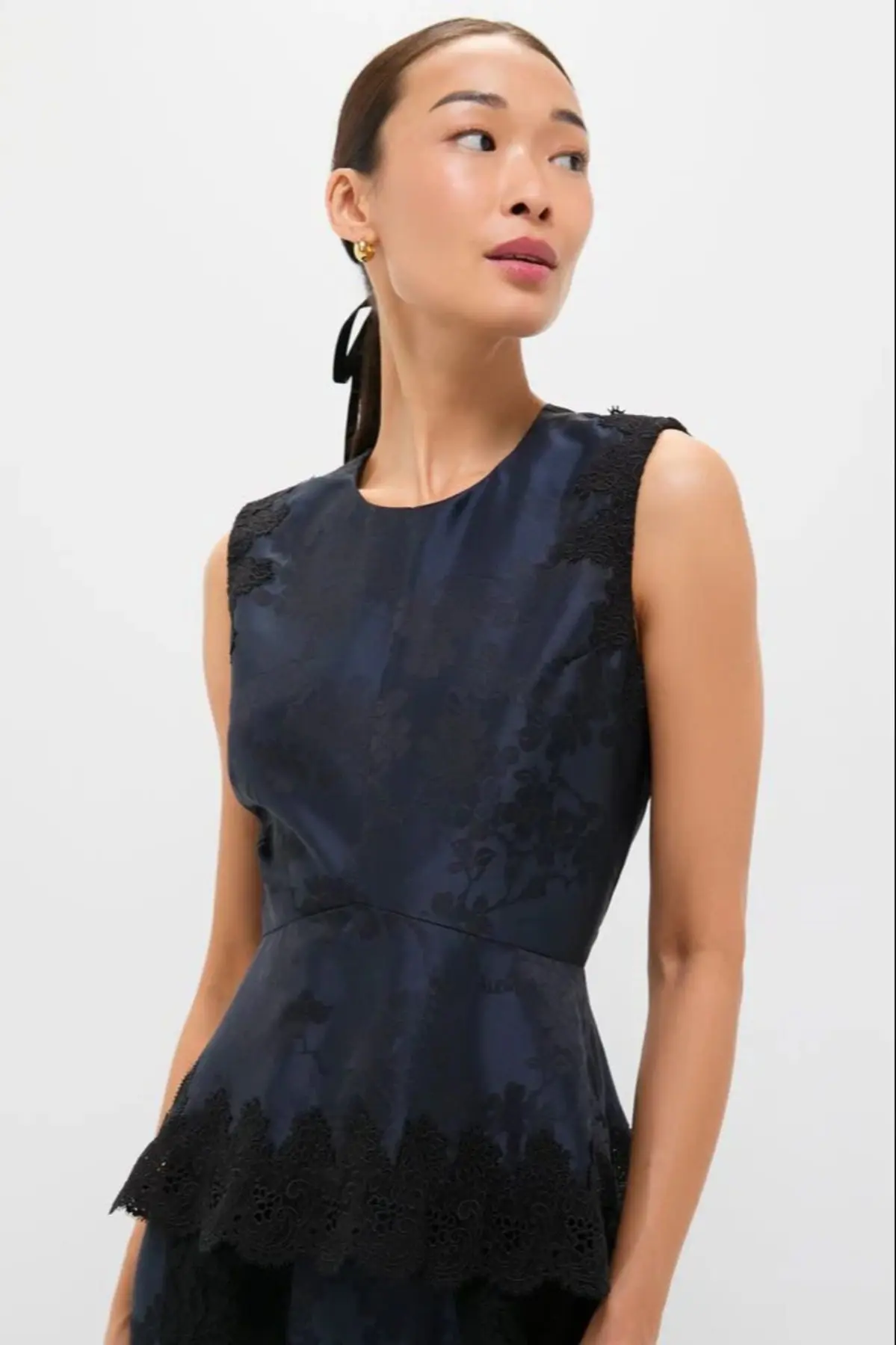 Navy Jacquard and Black Lace Margy Top